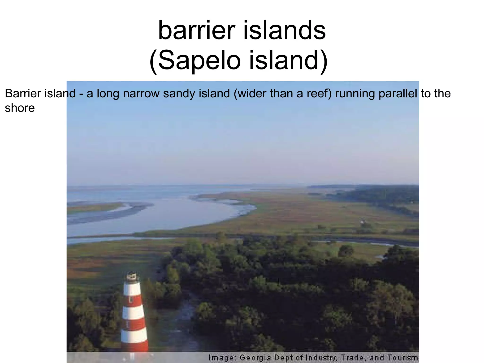 barrier islands (Sapelo island)  Barrier island - a long narrow sandy island (wider than a reef) running parallel to the shore 