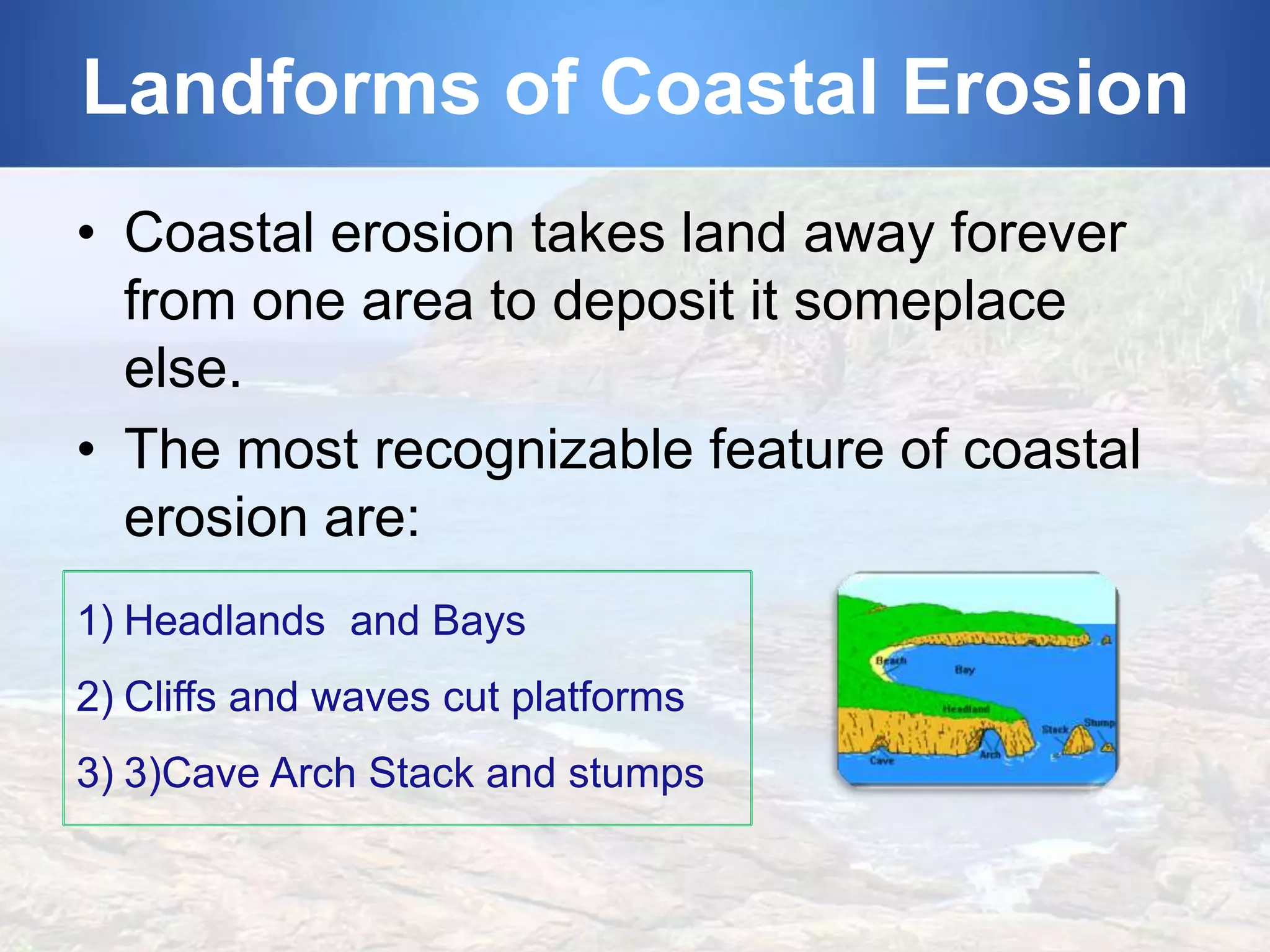 Landforms of Coastal Erosion
• Coastal erosion takes land away forever
from one area to deposit it someplace
else.
• The most recognizable feature of coastal
erosion are:
1) Headlands and Bays
2) Cliffs and waves cut platforms

3) 3)Cave Arch Stack and stumps

 