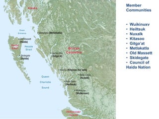 Member
Communities

• Wuikinuxv
• Heiltsuk
• Nuxalk
• Kitasoo
• Gitga’at
• Metlakatla
• Old Massett
• Skidegate
• Council of
Haida Nation

 
