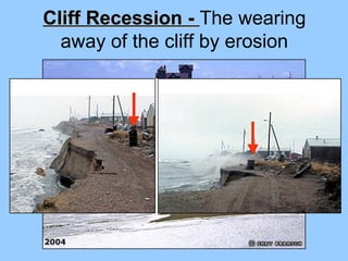 Cliff Recession - The wearing
  away of the cliff by erosion
 