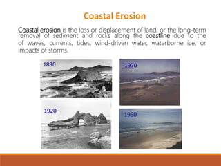 1890
1920
1970
1990
Coastal Erosion
Coastal erosion is the loss or displacement of land, or the long-term
removal of sediment and rocks along the coastline due to the
of waves, currents, tides, wind-driven water, waterborne ice, or
impacts of storms.
 