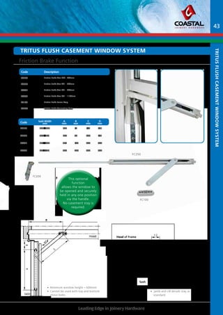 Sash
Leading Edge in Joinery Hardware
FC200
FC250
FC100
D
A
B
C
9
0
°
FIG. 3
FIG. 7
IPA NO. 23797/FC100
FRAME
SASH
FITTING INSTRUCTIONS:
1. ALUMINIUM RAIL WITH ARM IS MOUNTED
IN THE TOP OF THE SASH (23810-13).
USE 4 PCS SCREW NO. 3.
2. THE PLASTIC FRAME FIXTURE IS MOUNTED
IN THE TOP OF THE FRAME (23797/FC100)
USE 2 PCS. SCREW NO. 4.
3. THE ARM IS PRESSED IN PLACE IN THE
FRAME FIXTURE.
7°
9.3
12.2
17.3
FRAME
SASH
2
49
6
3
6
6
IPA NO.S 23798-99 OR 23801-02
FRAME
FIG. 1
IPA NO.S 23810-13
FC250 - FC465
FOR THE TOP
SASH
FIG. 2 FIG. 6
9.3
12.2
17.3
FRAME
SASH
2
49
6
3
6
28 28
MAINTENANCE:
THE FITTINGS ARE NOT TO BE PAINTED. TEST THE
OPERATION FROM TIME TO TIME.
WHEN MOUNTING - LUBRICATE THE PIVOT/MOVABLE
METAL PARTS OF THE MECHANISM WHILE
ACTIVATING REPEATEDLY. HEREAFTER LUBRICATE
MINIMUM TWICE A YEAR. DO NOT LUBRICATE THE
ALUMINIUM RAILS. SEE ALSO SECTION H.
COASTAL
NO.
IPA NO.
SASH WIDTH
MM
A
MM
B
MM
C
MM
D
MM
FC250 23810 330 - 480 250 15 110 102
FC330 23811 481 - 690 330 90 200 152
FC435 23812 691 - 900 435 195 330 230
FC465 23813 901 - 1100 465 305 450 280
WHEN THE OPENING ANGEL IS MORE THAN 900
A
MECHANICAL RESTRICTOR WHICH PREVENTS THE DOOR
FROM OPENING MORE THAN 900
MUST BE FITTED.
A
B
C
9
0
°
D
7
6
12.2
17.3
12
IPA NO.S 23810-13
FIG. 4
9.3
3
FRAME
SASH
2
7°
PLEASE VISIT www.coastalcsi.co.uk/fcsprofile.pdf TO VIEW MORE EXAMPLES OF WOOD PROFILES
Part No Description Finish
FC250 Friction Brake Arm 330 - 480mm
FC330 Friction Brake Arm 481 - 690mm
FC435 Friction Brake Arm 691 - 900mm
FC465 Friction Brake Arm 901 - 1100mm
FC100 Friction Brake Frame Keep
FC200 Friction Brake Connecting Piece
Friction Brake Function
Description
Code
Tritus Flush casement window system
fc250 330 - 480 250 15 110 102
fc250 330 - 480 250 15 110 102
fc330 430 - 691 330 90 200 152
fc435 691 - 900 435 195 330 230
fc465 901-1100 465 305 450 280
D
mm
C
mm
B
mm
A
mm
Sash Width
mm
Code
Tritus
Flush
Casement
Window
System
This optional
function
allows the window to
be opened and securely
held in any one position
via the handle.
No casement stay is
required.
•	 Jamb and cill details stay as
standard
Head of Frame
43
•	 Minimum window height = 600mm
•	 Cannot be used with top and bottom
shoot bolts.
 