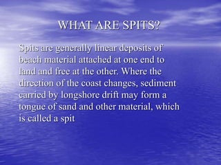 WHAT ARE SPITS?
Spits are generally linear deposits of
beach material attached at one end to
land and free at the other. Where the
direction of the coast changes, sediment
carried by longshore drift may form a
tongue of sand and other material, which
is called a spit
 