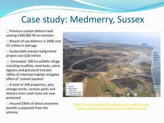 Case study: Medmerry, Sussex
https://www.ice.org.uk/knowledge-and-resources/case-
studies/managed-realignment-at-medmerry-sussex
⃝ Previous coastal defence wall
costing £300,000 PA to maintain
⃝ Breach of sea defence in 2008 cost
£5 million in damage
⃝ Sustainable coastal realignment
project cost £28 million
⃝ Generated 300 ha wildlife refuge
including mudflats, reed beds, saline
lagoons and grassland includes
183ha of intertidal habitat mitigates
effect of ‘coastal squeeze’
⃝ A total of 348 properties, plus
sewage works, caravan parks and
Selsey's main road route are now
protected
⃝ Around £90m of direct economic
benefit is expected from the
scheme.
 