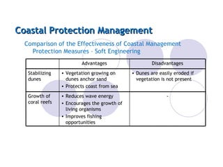 Coastal Protection Management Comparison of the Effectiveness of Coastal Management Protection Measures – Soft Engineering - Reduces wave energy Encourages the growth of living organisms Improves fishing opportunities Growth of coral reefs Dunes are easily eroded if vegetation is not present Vegetation growing on dunes anchor sand Protects coast from sea Stabilizing dunes Disadvantages Advantages 
