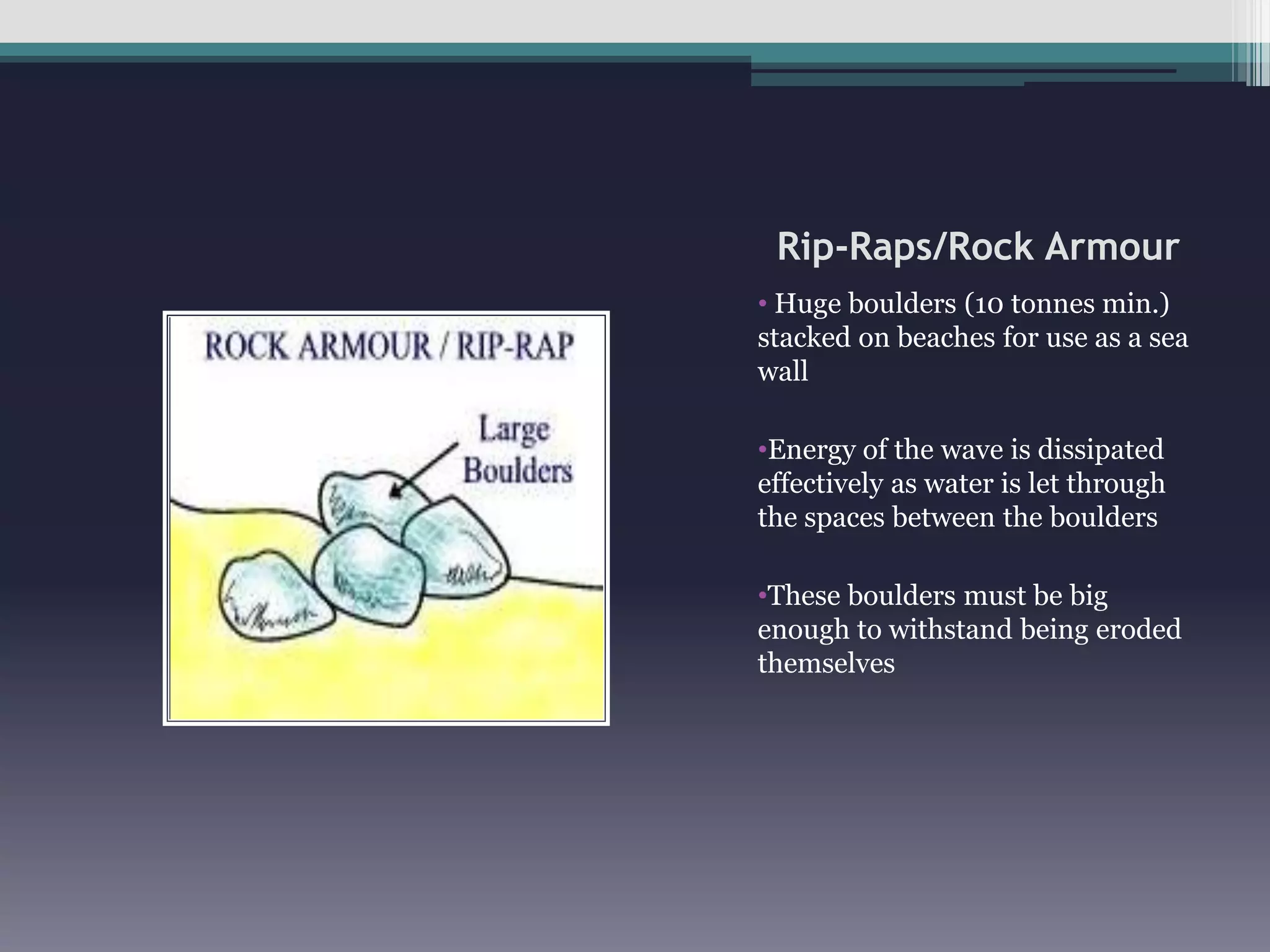 Though they are less costly than sea walls, the life span is shorter as they will eventually begin to rustGroynesOften described as fences built at right angles to the coastline