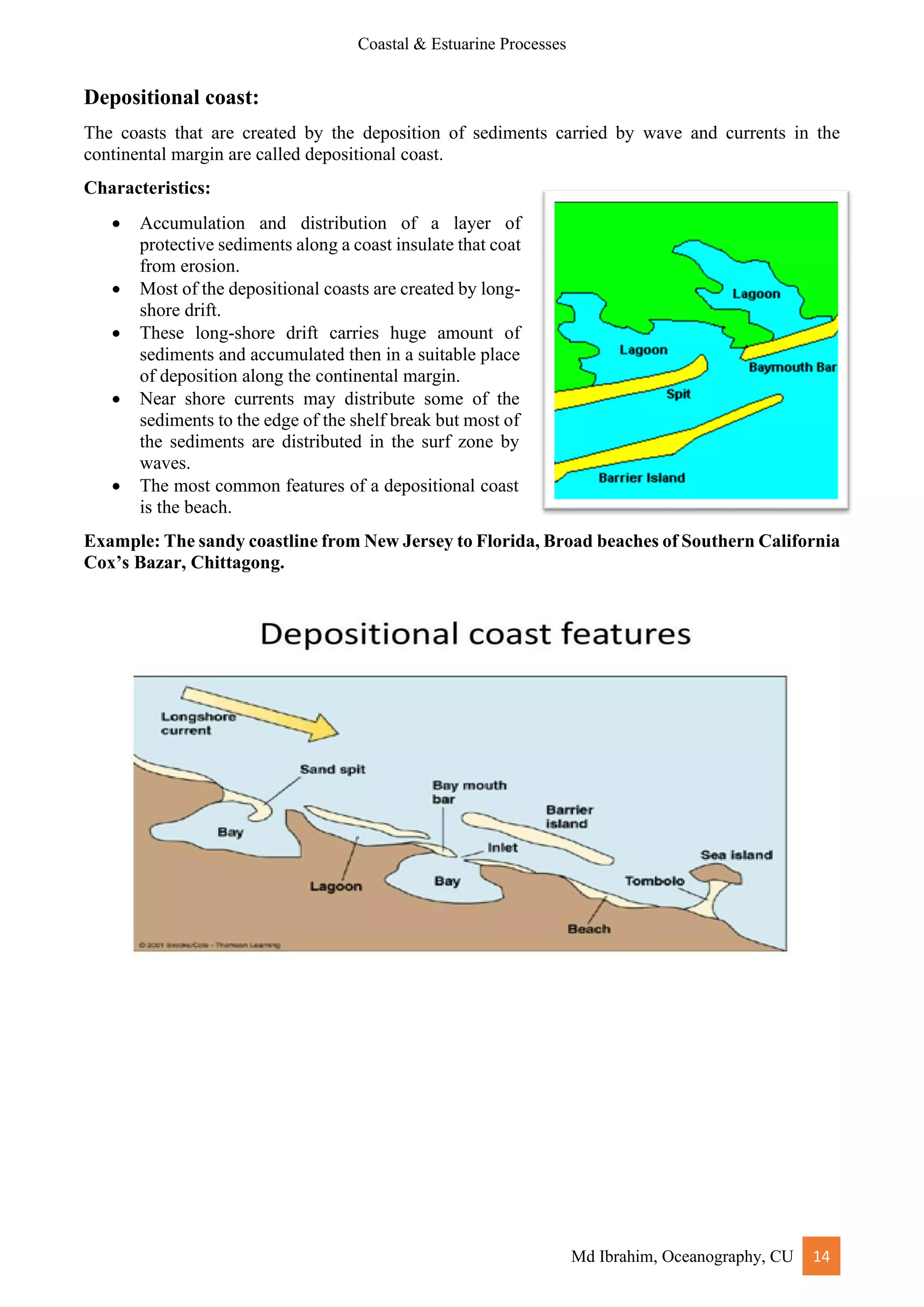 Coastal & Estuarine Processes
Md Ibrahim, Oceanography, CU 14
Depositional coast:
The coasts that are created by the deposition of sediments carried by wave and currents in the
continental margin are called depositional coast.
Characteristics:
• Accumulation and distribution of a layer of
protective sediments along a coast insulate that coat
from erosion.
• Most of the depositional coasts are created by long-
shore drift.
• These long-shore drift carries huge amount of
sediments and accumulated then in a suitable place
of deposition along the continental margin.
• Near shore currents may distribute some of the
sediments to the edge of the shelf break but most of
the sediments are distributed in the surf zone by
waves.
• The most common features of a depositional coast
is the beach.
Example: The sandy coastline from New Jersey to Florida, Broad beaches of Southern California
Cox’s Bazar, Chittagong.
 