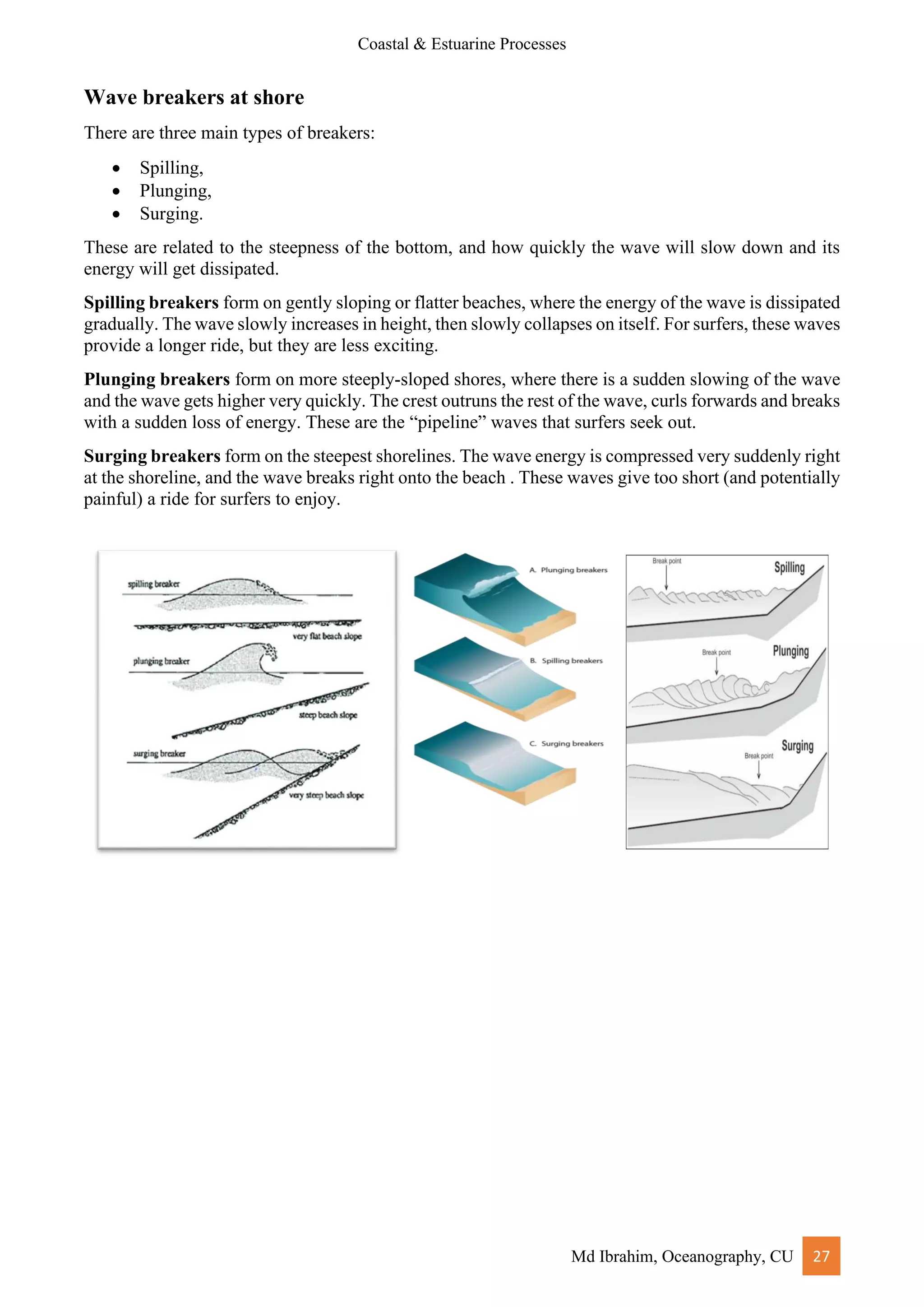 Coastal & Estuarine Processes
Md Ibrahim, Oceanography, CU 27
Wave breakers at shore
There are three main types of breakers:
• Spilling,
• Plunging,
• Surging.
These are related to the steepness of the bottom, and how quickly the wave will slow down and its
energy will get dissipated.
Spilling breakers form on gently sloping or flatter beaches, where the energy of the wave is dissipated
gradually. The wave slowly increases in height, then slowly collapses on itself. For surfers, these waves
provide a longer ride, but they are less exciting.
Plunging breakers form on more steeply-sloped shores, where there is a sudden slowing of the wave
and the wave gets higher very quickly. The crest outruns the rest of the wave, curls forwards and breaks
with a sudden loss of energy. These are the “pipeline” waves that surfers seek out.
Surging breakers form on the steepest shorelines. The wave energy is compressed very suddenly right
at the shoreline, and the wave breaks right onto the beach . These waves give too short (and potentially
painful) a ride for surfers to enjoy.
 