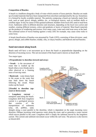Coastal & Estuarine Processes
Md Ibrahim, Oceanography, CU 11
Composition of Beaches
A beach is a landform alongside a body of water which consists of loose particles. Beaches are made
up of eroded materials that have been transported from elsewhere and deposited by the sea. Sometimes
it is formed by locally available material. The particles composing a beach are typically made from
rock, such as sand, gravel, shingle, pebbles, etc., or biological sources, such as mollusk shells or
coralline algae. It may be coarse of fine-grained sediment, boulders from local cliff, sand or mud from
rivers. Sediments settle in different densities and structures, depending on the local wave action and
weather, creating different textures, colors and gradients or layers of material. Most beach materials
are the products of weathering and erosion. Over many years, water and wind wear away at the land.
The continual action of waves beating against a rocky cliff, for example, may cause some rocks to
come loose.
A broad classification of beaches was presented by Trask (1952), consisting of three divisions: sand,
gravel, shingle, and cobble beaches; muddy, silty, or clayey beaches; and bedrock and reef beaches.
Sand movement along beach
Beach sand will have a net movement up or down the beach or perpendicular depending on the
direction of incoming waves. This net movement of the beach sand is known as beach drift.
Two major types
1.Perpendicular to shoreline (toward and away)
• Swash – is the movement of
water that is washed up the
beach when a wave breaks and is
often observed as a foaming
mass of moving water.
• Backwash – water drains back
to the ocean so the water that
runs back down the beach
following the swash. Water
rushes up the beach
2.Parallel to shoreline (up-
coast or down-coast)
• Longshore current –
transports sand along the beach.
Longshore drift from longshore
current is a geological process
that consists of the
transportation of sediments
(clay, silt, pebbles, sand,
shingle) along a coast parallel to the shoreline, which is dependent on the angle incoming wave
direction. Oblique incoming wind squeezes water along the coast, and so generates a water current
which moves parallel to the coast. Longshore drift is simply the sediment moved by the longshore
current. This current and sediment movement occur within the surf zone. The process is also known
as littoral drift.
 