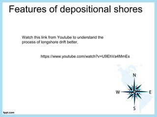 Features of depositional shores
https://www.youtube.com/watch?v=U9EhVa4MmEs
Watch this link from Youtube to understand the
process of longshore drift better.
 