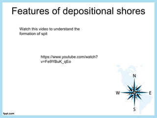 Features of depositional shores
https://www.youtube.com/watch?
v=Fe9YBuK_qEo
Watch this video to understand the
formation of spit
 