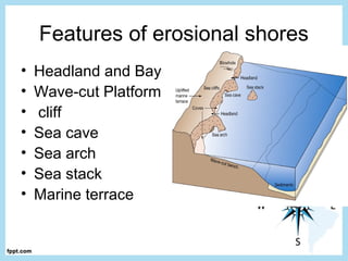 Features of erosional shores
• Headland and Bay
• Wave-cut Platform
• cliff
• Sea cave
• Sea arch
• Sea stack
• Marine terrace
 