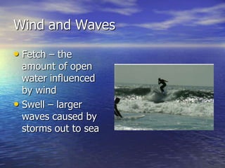 Wind and Waves

• Fetch – the
  amount of open
  water influenced
  by wind
• Swell – larger
  waves caused by
  storms out to sea
 