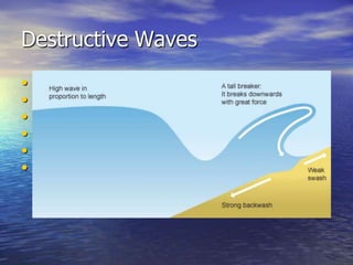 Destructive Waves
•   Created in storm conditions.
•   Big, strong waves from powerful, consistent wind
•   High wave energy from travelling over a long fetch.
•   Erode the coast.
•   Stronger backwash than swash.
•   Short wavelength and high + steep.
 