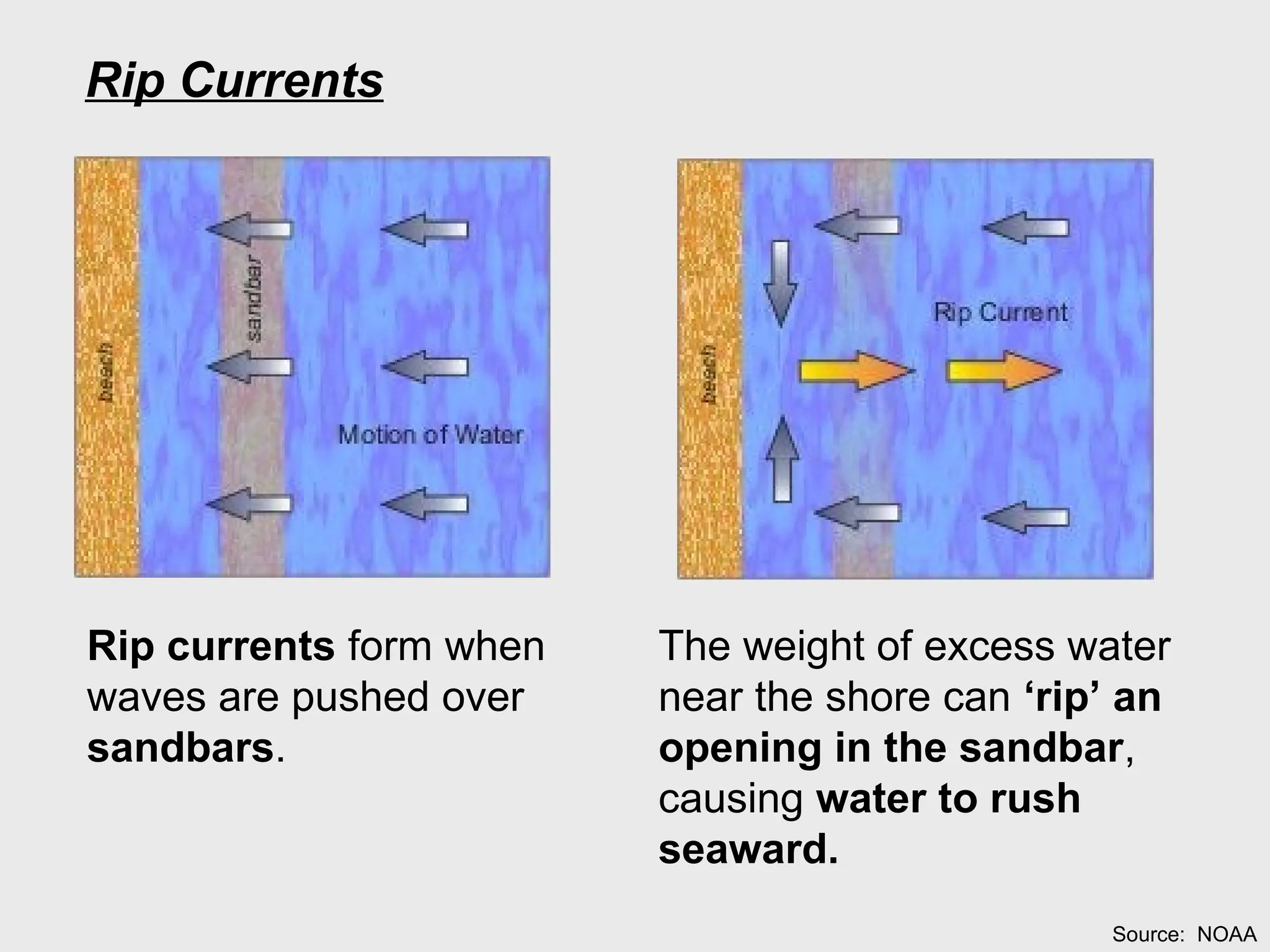 Rip currents form when
waves are pushed over
sandbars.
The weight of excess water
near the shore can ‘rip’ an
opening in the sandbar,
causing water to rush
seaward.
Rip Currents
Source: NOAA
 
