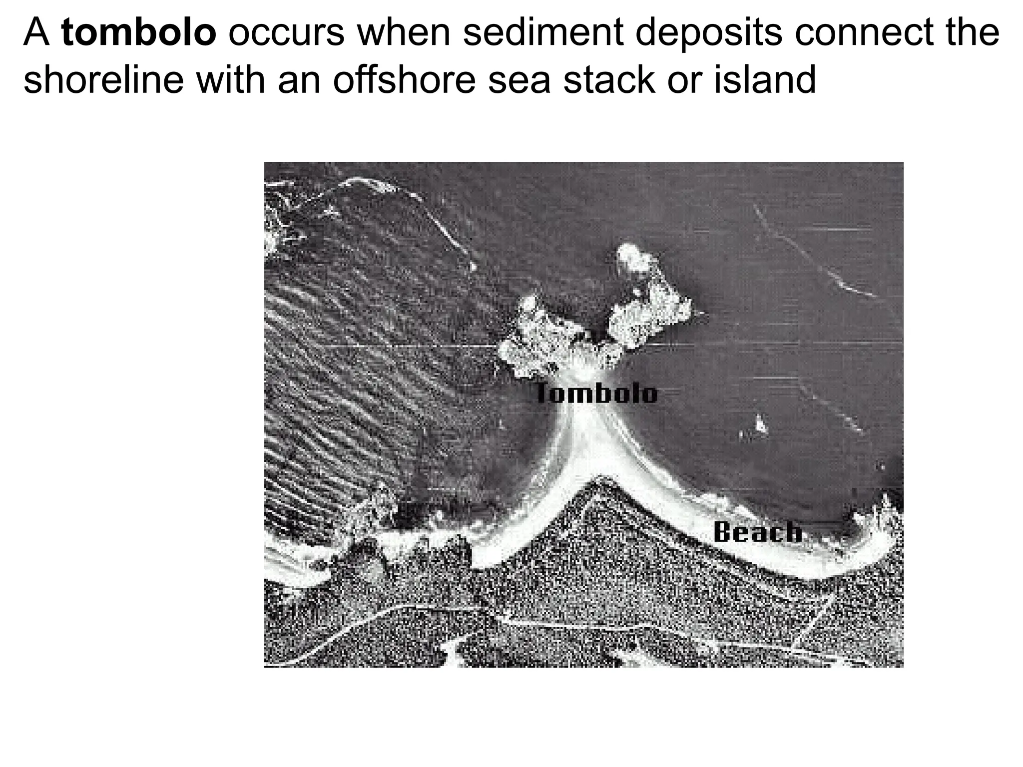 A tombolo occurs when sediment deposits connect the
shoreline with an offshore sea stack or island
 