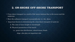 2. ON-SHORE OFF-SHORE TRANSPORT
• Cross shore transport is a result of the water motions due to the waves and the
undertow.
• Here the sediment transport is perpendicular to the shore.
• Important factors in determining the cross-shore transport of sand are
A. The ratio of wave height to wavelength
B. Physical parameters of the beach;
i.e., grain-size distribution, cohesiveness, beach
slope also play an important role.
 