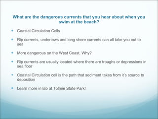 Coastal Circulation Cells Rip currents, undertows and long shore currents can all take you out to sea More dangerous on the West Coast. Why? Rip currents are usually located where there are troughs or depressions in sea floor Coastal Circulation cell is the path that sediment takes from it’s source to deposition Learn more in lab at Tolmie State Park! What are the dangerous currents that you hear about when you swim at the beach? 