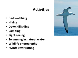Activities
• Bird watching
• Hiking
• Downhill skiing
• Camping
• Sight seeing
• Swimming in natural water
• Wildlife photography
• White river rafting
 