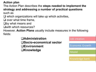 Action plan
The Action Plan describes the steps needed to implement the
strategy and addressing a number of practical questions
such as
 which organizations will take up which activities,
 over what time frame,
by what means and
with which resources?
However, Action Plans usually include measures in the following
fields:
Administration
Socio-economical sector
Environment
Knowledge
 