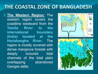 THE COASTAL ZONE OF BANGLADESH
3. The Western Region: The
 western region covers the
 coastline westward from the
 Tetulia    River    to    the
 international      boundary
 (India) located at the
 Hariabangha River. The
 region is mostly covered with
 dense mangrove forests with
 deeply      scoured      tidal
 channels of the tidal plain
 overlapping       abandoned
 Ganges delta.
 