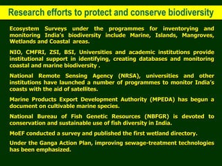 Research efforts to protect and conserve biodiversity
Ecosystem Surveys under the programmes for inventorying and
monitoring India’s biodiversity include Marine, Islands, Mangroves,
Wetlands and Coastal areas.
NIO, CMFRI, ZSI, BSI, Universities and academic institutions provide
institutional support in identifying, creating databases and monitoring
coastal and marine biodiversity .
National Remote Sensing Agency (NRSA), universities and other
institutions have launched a number of programmes to monitor India’s
coasts with the aid of satellites.
Marine Products Export Development Authority (MPEDA) has begun a
document on cultivable marine species.
National Bureau of Fish Genetic Resources (NBFGR) is devoted to
conservation and sustainable use of fish diversity in India.
MoEF conducted a survey and published the first wetland directory.
Under the Ganga Action Plan, improving sewage-treatment technologies
has been emphasized.
 