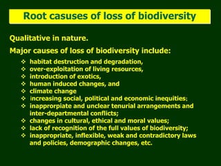 Root casuses of loss of biodiversity
Qualitative in nature.
Major causes of loss of biodiversity include:
 habitat destruction and degradation,
 over-exploitation of living resources,
 introduction of exotics,
 human induced changes, and
 climate change
 increasing social, political and economic inequities;
 inapprorpiate and unclear tenurial arrangements and
inter-departmental conflicts;
 changes in cultural, ethical and moral values;
 lack of recognition of the full values of biodiversity;
 inappropriate, inflexible, weak and contradictory laws
and policies, demographic changes, etc.
 