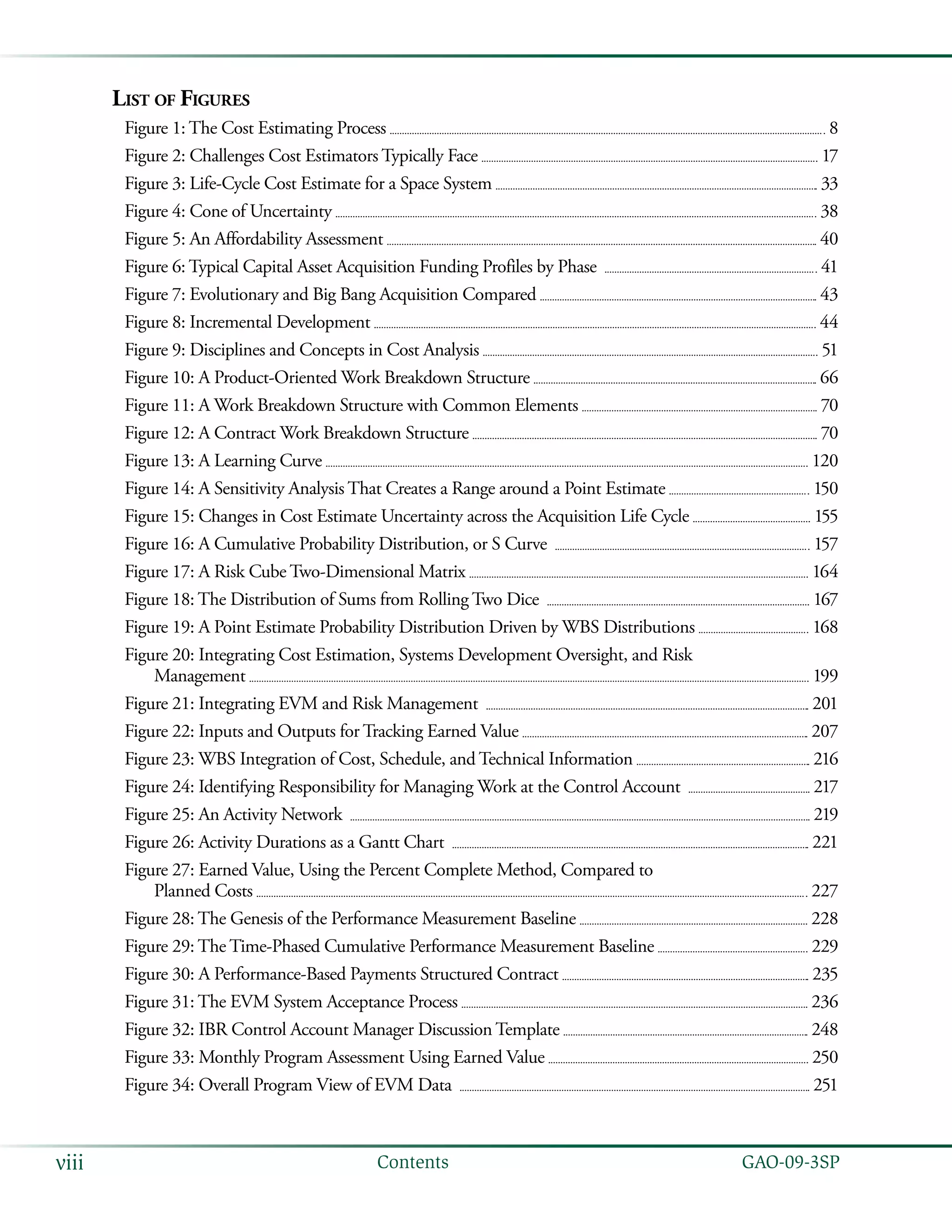   GAO-09-3SPviii Contents
List of Figures
Figure 1: The Cost Estimating Process 	  8
Figure 2: Challenges Cost Estimators Typically Face 	  17
Figure 3: Life-Cycle Cost Estimate for a Space System 	  33
Figure 4: Cone of Uncertainty 	  38
Figure 5: An Affordability Assessment 	  40
Figure 6: Typical Capital Asset Acquisition Funding Profiles by Phase  	  41
Figure 7: Evolutionary and Big Bang Acquisition Compared 	  43
Figure 8: Incremental Development 	  44
Figure 9: Disciplines and Concepts in Cost Analysis 	  51
Figure 10: A Product-Oriented Work Breakdown Structure 	  66
Figure 11: A Work Breakdown Structure with Common Elements 	  70
Figure 12: A Contract Work Breakdown Structure 	  70
Figure 13: A Learning Curve 	  120
Figure 14: A Sensitivity Analysis That Creates a Range around a Point Estimate 	  150
Figure 15: Changes in Cost Estimate Uncertainty across the Acquisition Life Cycle 	  155
Figure 16: A Cumulative Probability Distribution, or S Curve  	  157
Figure 17: A Risk Cube Two-Dimensional Matrix 	  164
Figure 18: The Distribution of Sums from Rolling Two Dice  	  167
Figure 19: A Point Estimate Probability Distribution Driven by WBS Distributions 	  168
Figure 20: Integrating Cost Estimation, Systems Development Oversight, and Risk
Management 	  199
Figure 21: Integrating EVM and Risk Management  	  201
Figure 22: Inputs and Outputs for Tracking Earned Value 	  207
Figure 23: WBS Integration of Cost, Schedule, and Technical Information 	  216
Figure 24: Identifying Responsibility for Managing Work at the Control Account  	  217
Figure 25: An Activity Network  	  219
Figure 26: Activity Durations as a Gantt Chart  	  221
Figure 27: Earned Value, Using the Percent Complete Method, Compared to
Planned Costs 	  227
Figure 28: The Genesis of the Performance Measurement Baseline 	  228
Figure 29: The Time-Phased Cumulative Performance Measurement Baseline 	  229
Figure 30: A Performance-Based Payments Structured Contract 	  235
Figure 31: The EVM System Acceptance Process 	  236
Figure 32: IBR Control Account Manager Discussion Template 	  248
Figure 33: Monthly Program Assessment Using Earned Value 	  250
Figure 34: Overall Program View of EVM Data  	  251
 