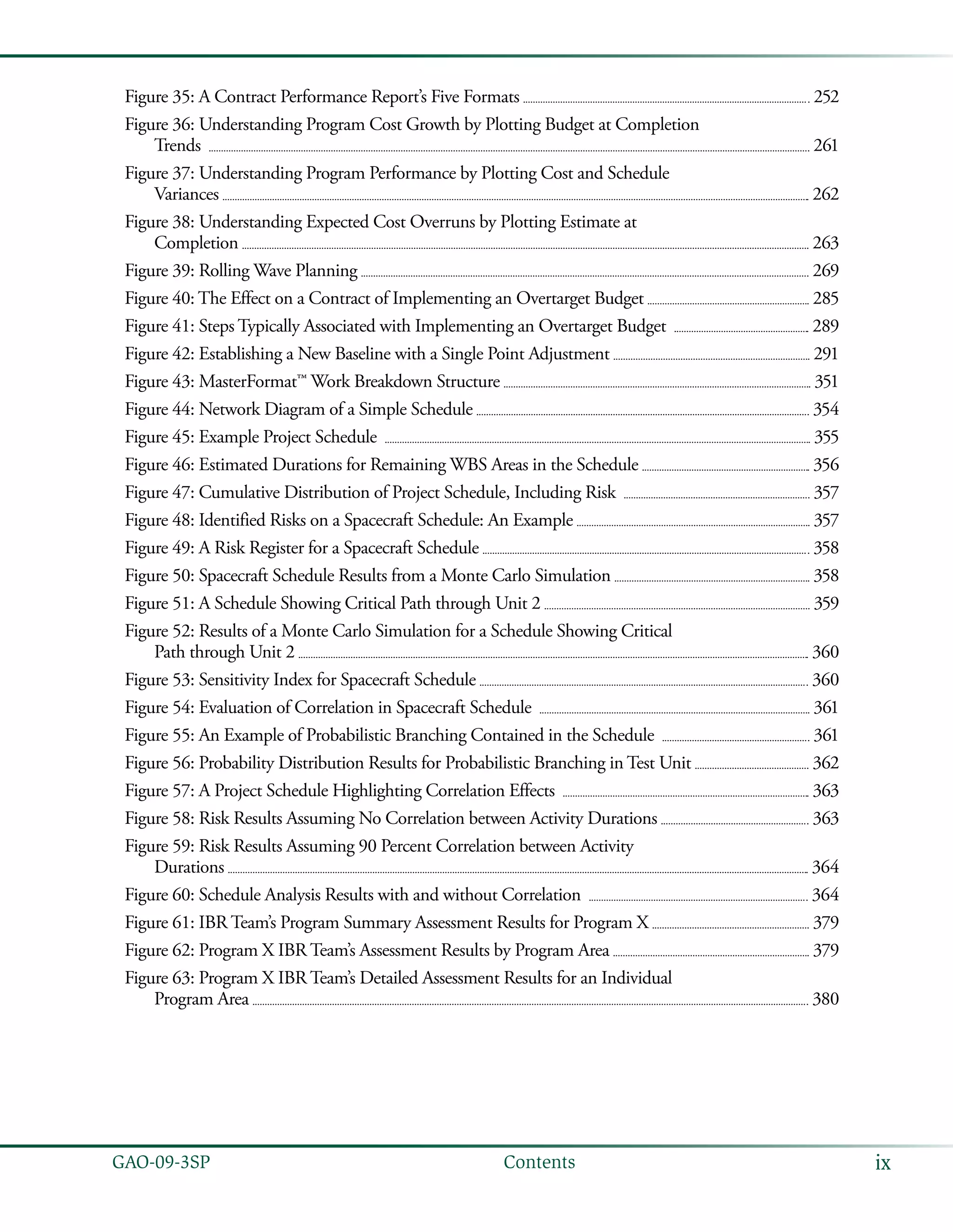 ixGAO-09-3SP  Contents
Figure 35: A Contract Performance Report’s Five Formats 	  252
Figure 36: Understanding Program Cost Growth by Plotting Budget at Completion
Trends  	  261
Figure 37: Understanding Program Performance by Plotting Cost and Schedule
Variances 	  262
Figure 38: Understanding Expected Cost Overruns by Plotting Estimate at
Completion 	  263
Figure 39: Rolling Wave Planning 	  269
Figure 40: The Effect on a Contract of Implementing an Overtarget Budget 	  285
Figure 41: Steps Typically Associated with Implementing an Overtarget Budget  	  289
Figure 42: Establishing a New Baseline with a Single Point Adjustment 	  291
Figure 43: MasterFormat™ Work Breakdown Structure 	  351
Figure 44: Network Diagram of a Simple Schedule 	  354
Figure 45: Example Project Schedule  	  355
Figure 46: Estimated Durations for Remaining WBS Areas in the Schedule 	  356
Figure 47: Cumulative Distribution of Project Schedule, Including Risk  	  357
Figure 48: Identified Risks on a Spacecraft Schedule: An Example 	  357
Figure 49: A Risk Register for a Spacecraft Schedule 	  358
Figure 50: Spacecraft Schedule Results from a Monte Carlo Simulation 	  358
Figure 51: A Schedule Showing Critical Path through Unit 2 	  359
Figure 52: Results of a Monte Carlo Simulation for a Schedule Showing Critical
Path through Unit 2 	  360
Figure 53: Sensitivity Index for Spacecraft Schedule 	  360
Figure 54: Evaluation of Correlation in Spacecraft Schedule  	  361
Figure 55: An Example of Probabilistic Branching Contained in the Schedule  	  361
Figure 56: Probability Distribution Results for Probabilistic Branching in Test Unit 	  362
Figure 57: A Project Schedule Highlighting Correlation Effects  	  363
Figure 58: Risk Results Assuming No Correlation between Activity Durations 	  363
Figure 59: Risk Results Assuming 90 Percent Correlation between Activity
Durations 	  364
Figure 60: Schedule Analysis Results with and without Correlation  	  364
Figure 61: IBR Team’s Program Summary Assessment Results for Program X 	  379
Figure 62: Program X IBR Team’s Assessment Results by Program Area 	  379
Figure 63: Program X IBR Team’s Detailed Assessment Results for an Individual
Program Area 	  380
 