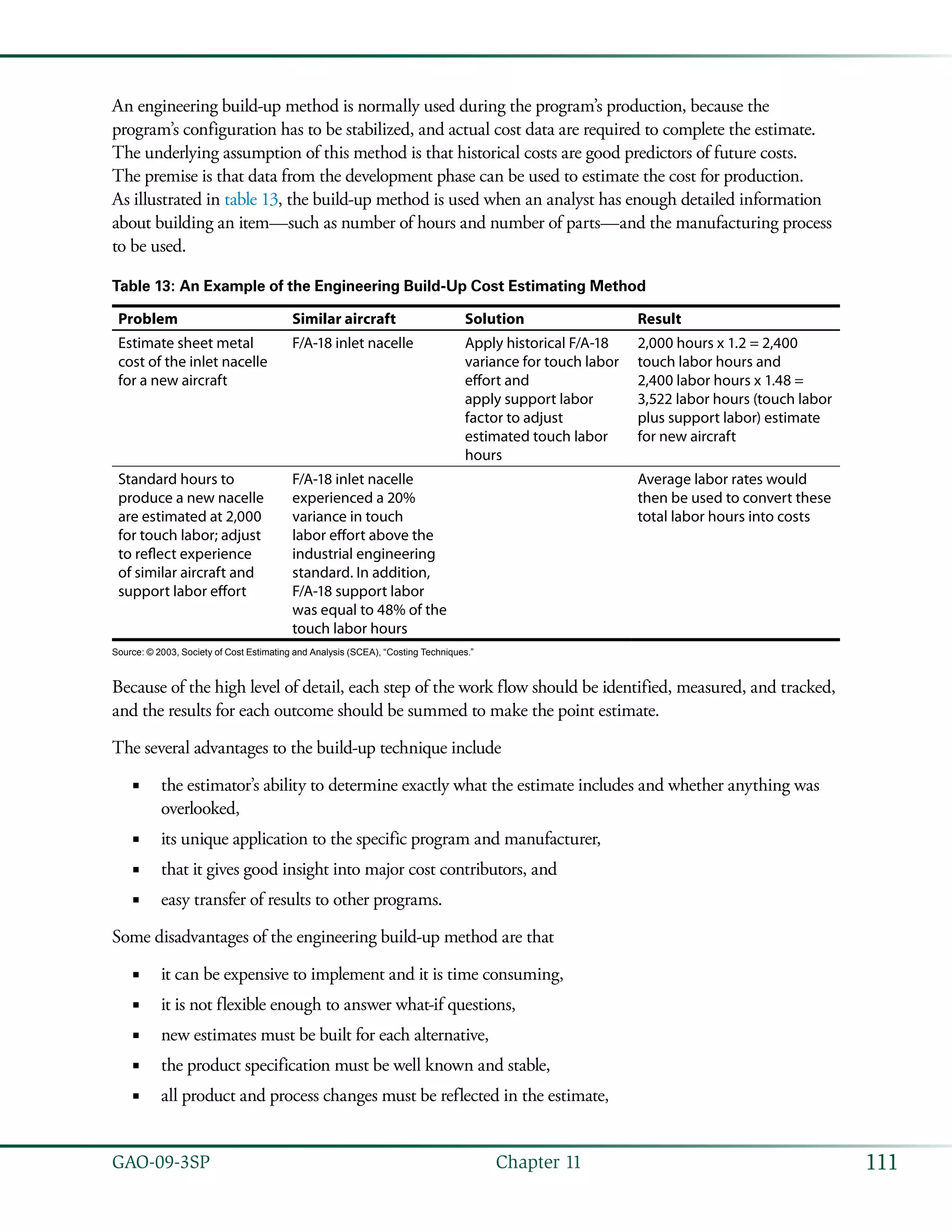 111GAO-09-3SP  Chapter 11
An engineering build-up method is normally used during the program’s production, because the
program’s configuration has to be stabilized, and actual cost data are required to complete the estimate.
The underlying assumption of this method is that historical costs are good predictors of future costs.
The premise is that data from the development phase can be used to estimate the cost for production.
As illustrated in table 13, the build-up method is used when an analyst has enough detailed information
about building an item—such as number of hours and number of parts—and the manufacturing process
to be used.
Table 13: An Example of the Engineering Build-Up Cost Estimating Method
Problem Similar aircraft Solution Result
Estimate sheet metal
cost of the inlet nacelle
for a new aircraft
F/A-18 inlet nacelle Apply historical F/A-18
variance for touch labor
effort and
apply support labor
factor to adjust
estimated touch labor
hours
2,000 hours x 1.2 = 2,400
touch labor hours and
2,400 labor hours x 1.48 =
3,522 labor hours (touch labor
plus support labor) estimate
for new aircraft
Standard hours to
produce a new nacelle
are estimated at 2,000
for touch labor; adjust
to reflect experience
of similar aircraft and
support labor effort
F/A-18 inlet nacelle
experienced a 20%
variance in touch
labor effort above the
industrial engineering
standard. In addition,
F/A-18 support labor
was equal to 48% of the
touch labor hours
Average labor rates would
then be used to convert these
total labor hours into costs
Source: © 2003, Society of Cost Estimating and Analysis (SCEA), “Costing Techniques.”
Because of the high level of detail, each step of the work flow should be identified, measured, and tracked,
and the results for each outcome should be summed to make the point estimate.
The several advantages to the build-up technique include
the estimator’s ability to determine exactly what the estimate includes and whether anything was■■
overlooked,
its unique application to the specific program and manufacturer,■■
that it gives good insight into major cost contributors, and■■
easy transfer of results to other programs.■■
Some disadvantages of the engineering build-up method are that
it can be expensive to implement and it is time consuming,■■
it is not flexible enough to answer what-if questions,■■
new estimates must be built for each alternative,■■
the product specification must be well known and stable,■■
all product and process changes must be reflected in the estimate,■■
 