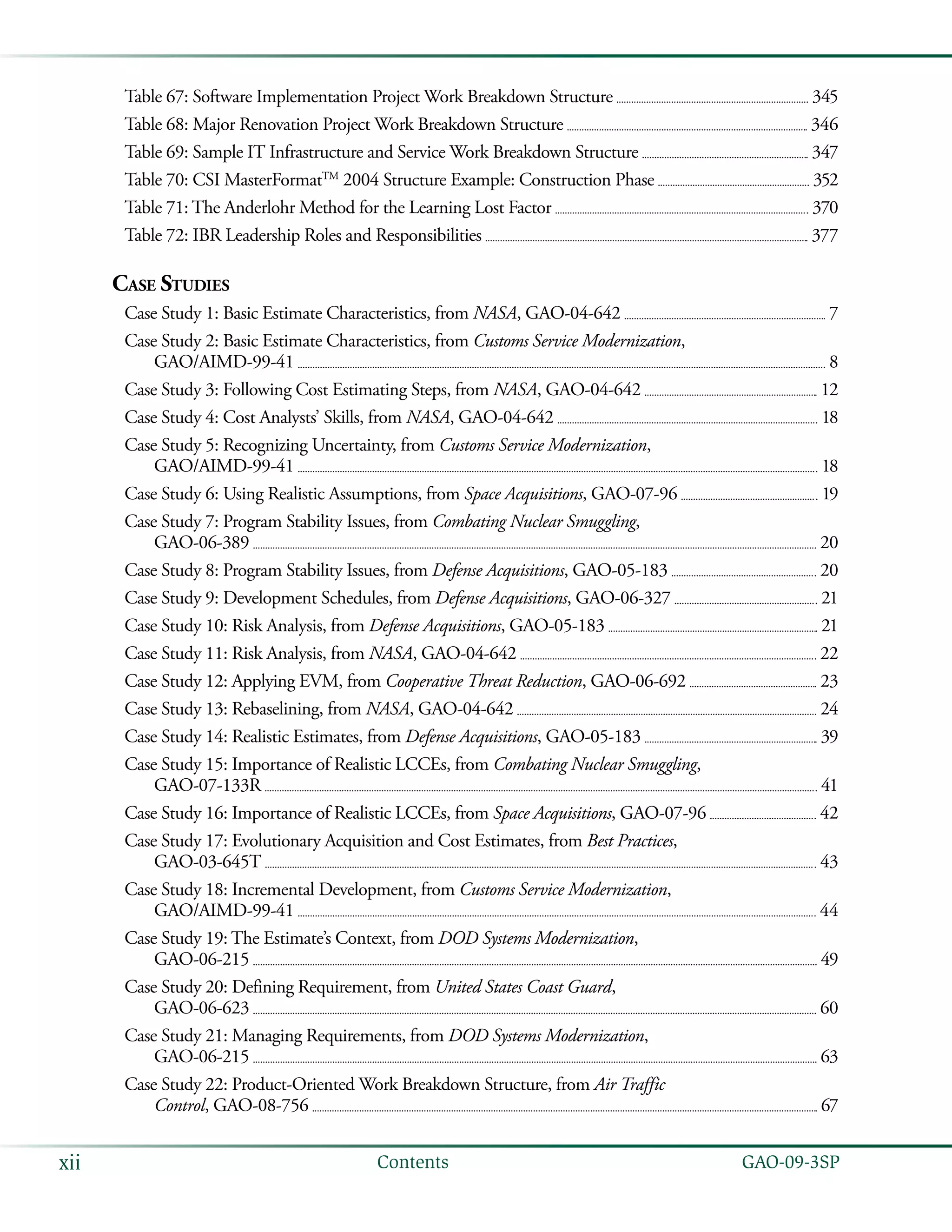   GAO-09-3SPxii Contents
Case Studies
Case Study 1: Basic Estimate Characteristics, from NASA, GAO-04-642 	  7
Case Study 2: Basic Estimate Characteristics, from Customs Service Modernization,
GAO/AIMD-99-41 	  8
Case Study 3: Following Cost Estimating Steps, from NASA, GAO-04-642 	  12
Case Study 4: Cost Analysts’ Skills, from NASA, GAO-04-642 	  18
Case Study 5: Recognizing Uncertainty, from Customs Service Modernization,
GAO/AIMD-99-41 	  18
Case Study 6: Using Realistic Assumptions, from Space Acquisitions, GAO-07-96 	  19
Case Study 7: Program Stability Issues, from Combating Nuclear Smuggling,
GAO-06-389 	  20
Case Study 8: Program Stability Issues, from Defense Acquisitions, GAO-05-183 	  20
Case Study 9: Development Schedules, from Defense Acquisitions, GAO-06-327 	  21
Case Study 10: Risk Analysis, from Defense Acquisitions, GAO-05-183 	  21
Case Study 11: Risk Analysis, from NASA, GAO-04-642 	  22
Case Study 12: Applying EVM, from Cooperative Threat Reduction, GAO-06-692 	  23
Case Study 13: Rebaselining, from NASA, GAO-04-642 	  24
Case Study 14: Realistic Estimates, from Defense Acquisitions, GAO-05-183 	  39
Case Study 15: Importance of Realistic LCCEs, from Combating Nuclear Smuggling,
GAO-07-133R 	  41
Case Study 16: Importance of Realistic LCCEs, from Space Acquisitions, GAO-07-96 	  42
Case Study 17: Evolutionary Acquisition and Cost Estimates, from Best Practices,
GAO-03-645T 	  43
Case Study 18: Incremental Development, from Customs Service Modernization,
GAO/AIMD-99-41 	  44
Case Study 19: The Estimate’s Context, from DOD Systems Modernization,
GAO-06-215 	  49
Case Study 20: Defining Requirement, from United States Coast Guard,
GAO-06-623 	  60
Case Study 21: Managing Requirements, from DOD Systems Modernization,
GAO-06-215 	  63
Case Study 22: Product-Oriented Work Breakdown Structure, from Air Traffic
Control, GAO-08-756 	  67
Table 67: Software Implementation Project Work Breakdown Structure 	  345
Table 68: Major Renovation Project Work Breakdown Structure 	  346
Table 69: Sample IT Infrastructure and Service Work Breakdown Structure 	  347
Table 70: CSI MasterFormatTM
2004 Structure Example: Construction Phase 	  352
Table 71: The Anderlohr Method for the Learning Lost Factor 	  370
Table 72: IBR Leadership Roles and Responsibilities 	  377
 