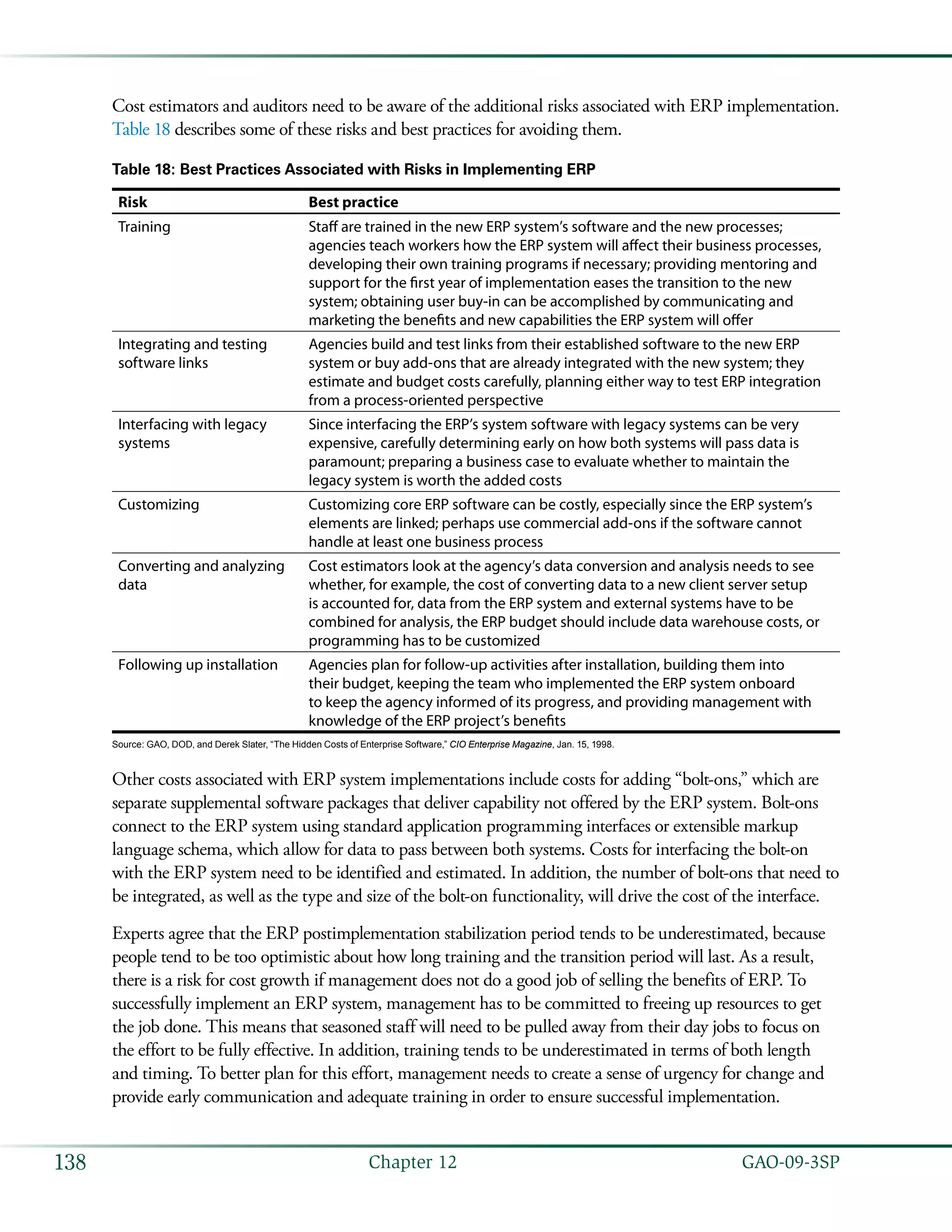   GAO-09-3SP138 Chapter 12
Cost estimators and auditors need to be aware of the additional risks associated with ERP implementation.
Table 18 describes some of these risks and best practices for avoiding them.
Table 18: Best Practices Associated with Risks in Implementing ERP
Risk Best practice
Training Staff are trained in the new ERP system’s software and the new processes;
agencies teach workers how the ERP system will affect their business processes,
developing their own training programs if necessary; providing mentoring and
support for the first year of implementation eases the transition to the new
system; obtaining user buy-in can be accomplished by communicating and
marketing the benefits and new capabilities the ERP system will offer
Integrating and testing
software links
Agencies build and test links from their established software to the new ERP
system or buy add-ons that are already integrated with the new system; they
estimate and budget costs carefully, planning either way to test ERP integration
from a process-oriented perspective
Interfacing with legacy
systems
Since interfacing the ERP’s system software with legacy systems can be very
expensive, carefully determining early on how both systems will pass data is
paramount; preparing a business case to evaluate whether to maintain the
legacy system is worth the added costs
Customizing Customizing core ERP software can be costly, especially since the ERP system’s
elements are linked; perhaps use commercial add-ons if the software cannot
handle at least one business process
Converting and analyzing
data
Cost estimators look at the agency’s data conversion and analysis needs to see
whether, for example, the cost of converting data to a new client server setup
is accounted for, data from the ERP system and external systems have to be
combined for analysis, the ERP budget should include data warehouse costs, or
programming has to be customized
Following up installation Agencies plan for follow-up activities after installation, building them into
their budget, keeping the team who implemented the ERP system onboard
to keep the agency informed of its progress, and providing management with
knowledge of the ERP project’s benefits
Source: GAO, DOD, and Derek Slater, “The Hidden Costs of Enterprise Software,” CIO Enterprise Magazine, Jan. 15, 1998.
Other costs associated with ERP system implementations include costs for adding “bolt-ons,” which are
separate supplemental software packages that deliver capability not offered by the ERP system. Bolt-ons
connect to the ERP system using standard application programming interfaces or extensible markup
language schema, which allow for data to pass between both systems. Costs for interfacing the bolt-on
with the ERP system need to be identified and estimated. In addition, the number of bolt-ons that need to
be integrated, as well as the type and size of the bolt-on functionality, will drive the cost of the interface.
Experts agree that the ERP postimplementation stabilization period tends to be underestimated, because
people tend to be too optimistic about how long training and the transition period will last. As a result,
there is a risk for cost growth if management does not do a good job of selling the benefits of ERP. To
successfully implement an ERP system, management has to be committed to freeing up resources to get
the job done. This means that seasoned staff will need to be pulled away from their day jobs to focus on
the effort to be fully effective. In addition, training tends to be underestimated in terms of both length
and timing. To better plan for this effort, management needs to create a sense of urgency for change and
provide early communication and adequate training in order to ensure successful implementation.
 