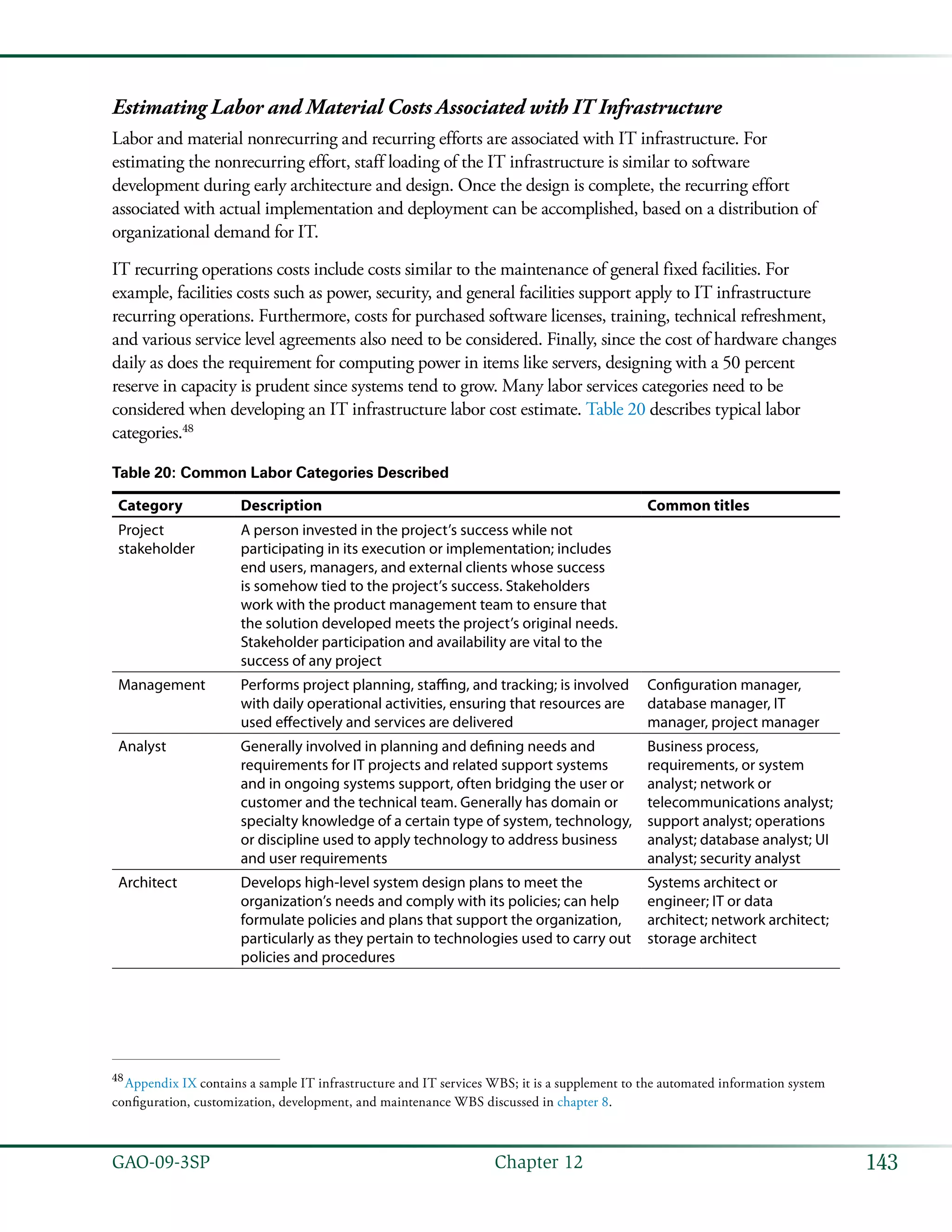 143GAO-09-3SP  Chapter 12
Estimating Labor and Material Costs Associated with IT Infrastructure
Labor and material nonrecurring and recurring efforts are associated with IT infrastructure. For
estimating the nonrecurring effort, staff loading of the IT infrastructure is similar to software
development during early architecture and design. Once the design is complete, the recurring effort
associated with actual implementation and deployment can be accomplished, based on a distribution of
organizational demand for IT.
IT recurring operations costs include costs similar to the maintenance of general fixed facilities. For
example, facilities costs such as power, security, and general facilities support apply to IT infrastructure
recurring operations. Furthermore, costs for purchased software licenses, training, technical refreshment,
and various service level agreements also need to be considered. Finally, since the cost of hardware changes
daily as does the requirement for computing power in items like servers, designing with a 50 percent
reserve in capacity is prudent since systems tend to grow. Many labor services categories need to be
considered when developing an IT infrastructure labor cost estimate. Table 20 describes typical labor
categories.48
Table 20: Common Labor Categories Described
Category Description Common titles
Project
stakeholder
A person invested in the project’s success while not
participating in its execution or implementation; includes
end users, managers, and external clients whose success
is somehow tied to the project’s success. Stakeholders
work with the product management team to ensure that
the solution developed meets the project’s original needs.
Stakeholder participation and availability are vital to the
success of any project
Management Performs project planning, staffing, and tracking; is involved
with daily operational activities, ensuring that resources are
used effectively and services are delivered
Configuration manager,
database manager, IT
manager, project manager
Analyst Generally involved in planning and defining needs and
requirements for IT projects and related support systems
and in ongoing systems support, often bridging the user or
customer and the technical team. Generally has domain or
specialty knowledge of a certain type of system, technology,
or discipline used to apply technology to address business
and user requirements
Business process,
requirements, or system
analyst; network or
telecommunications analyst;
support analyst; operations
analyst; database analyst; UI
analyst; security analyst
Architect Develops high-level system design plans to meet the
organization’s needs and comply with its policies; can help
formulate policies and plans that support the organization,
particularly as they pertain to technologies used to carry out
policies and procedures
Systems architect or
engineer; IT or data
architect; network architect;
storage architect
48
 Appendix IX contains a sample IT infrastructure and IT services WBS; it is a supplement to the automated information system
configuration, customization, development, and maintenance WBS discussed in chapter 8.
 