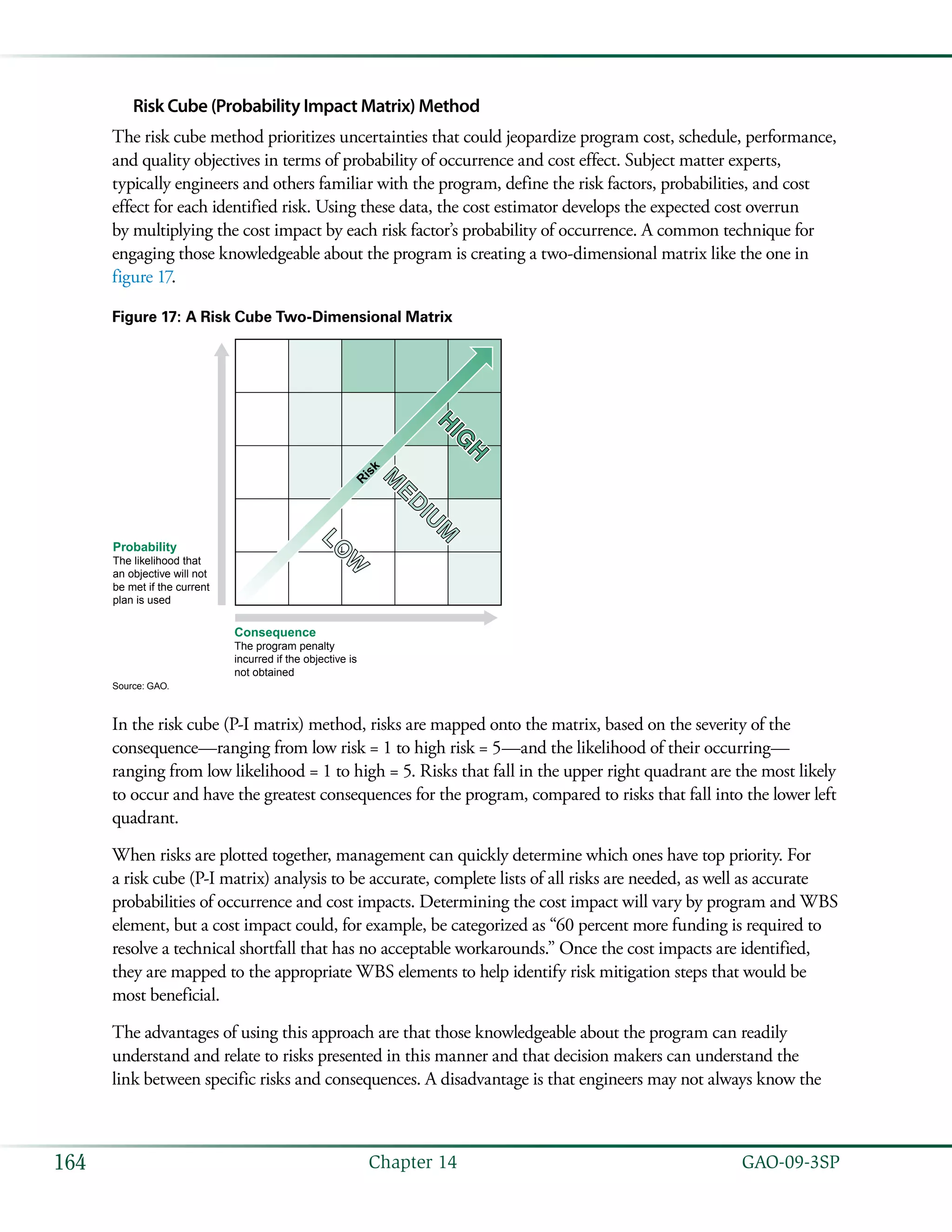   GAO-09-3SP164 Chapter 14
Risk Cube (Probability Impact Matrix) Method
The risk cube method prioritizes uncertainties that could jeopardize program cost, schedule, performance,
and quality objectives in terms of probability of occurrence and cost effect. Subject matter experts,
typically engineers and others familiar with the program, define the risk factors, probabilities, and cost
effect for each identified risk. Using these data, the cost estimator develops the expected cost overrun
by multiplying the cost impact by each risk factor’s probability of occurrence. A common technique for
engaging those knowledgeable about the program is creating a two-dimensional matrix like the one in
figure 17.
Figure 17: A Risk Cube Two-Dimensional Matrix
R
isk
Consequence
The program penalty
incurred if the objective is
not obtained
Probability
The likelihood that
an objective will not
be met if the current
plan is used
Source: GAO.
LO
W
M
ED
IU
MH
IG
H
In the risk cube (P-I matrix) method, risks are mapped onto the matrix, based on the severity of the
consequence—ranging from low risk = 1 to high risk = 5—and the likelihood of their occurring—
ranging from low likelihood = 1 to high = 5. Risks that fall in the upper right quadrant are the most likely
to occur and have the greatest consequences for the program, compared to risks that fall into the lower left
quadrant.
When risks are plotted together, management can quickly determine which ones have top priority. For
a risk cube (P-I matrix) analysis to be accurate, complete lists of all risks are needed, as well as accurate
probabilities of occurrence and cost impacts. Determining the cost impact will vary by program and WBS
element, but a cost impact could, for example, be categorized as “60 percent more funding is required to
resolve a technical shortfall that has no acceptable workarounds.” Once the cost impacts are identified,
they are mapped to the appropriate WBS elements to help identify risk mitigation steps that would be
most beneficial.
The advantages of using this approach are that those knowledgeable about the program can readily
understand and relate to risks presented in this manner and that decision makers can understand the
link between specific risks and consequences. A disadvantage is that engineers may not always know the
 
