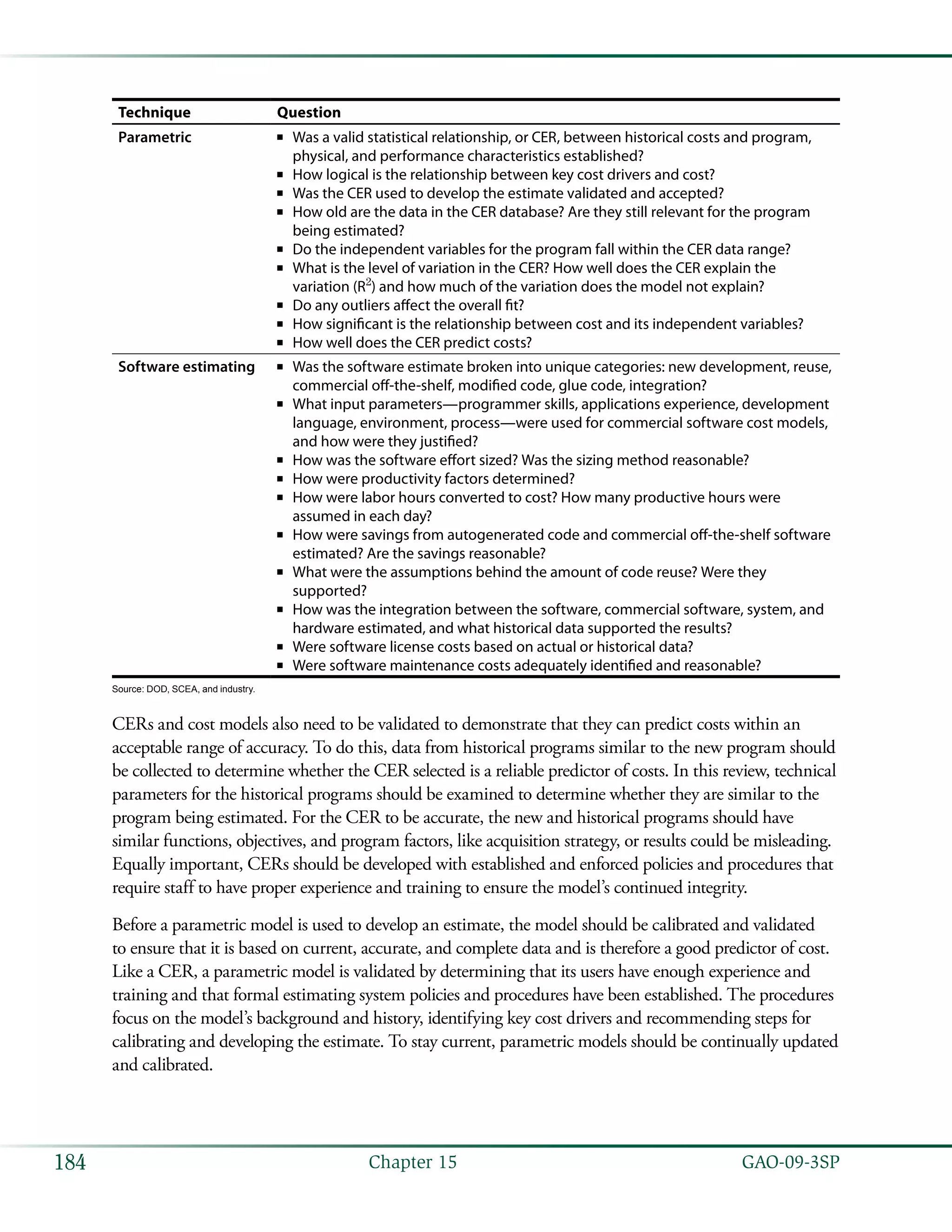   GAO-09-3SP184 Chapter 15
Technique Question
Parametric Was a valid statistical relationship, or CER, between historical costs and program,■■
physical, and performance characteristics established?
How logical is the relationship between key cost drivers and cost?■■
Was the CER used to develop the estimate validated and accepted?■■
How old are the data in the CER database? Are they still relevant for the program■■
being estimated?
Do the independent variables for the program fall within the CER data range?■■
What is the level of variation in the CER? How well does the CER explain the■■
variation (R2
) and how much of the variation does the model not explain?
Do any outliers affect the overall fit?■■
How significant is the relationship between cost and its independent variables?■■
How well does the CER predict costs?■■
Software estimating Was the software estimate broken into unique categories: new development, reuse,■■
commercial off-the-shelf, modified code, glue code, integration?
What input parameters—programmer skills, applications experience, development■■
language, environment, process—were used for commercial software cost models,
and how were they justified?
How was the software effort sized? Was the sizing method reasonable?■■
How were productivity factors determined?■■
How were labor hours converted to cost? How many productive hours were■■
assumed in each day?
How were savings from autogenerated code and commercial off-the-shelf software■■
estimated? Are the savings reasonable?
What were the assumptions behind the amount of code reuse? Were they■■
supported?
How was the integration between the software, commercial software, system, and■■
hardware estimated, and what historical data supported the results?
Were software license costs based on actual or historical data?■■
Were software maintenance costs adequately identified and reasonable?■■
Source: DOD, SCEA, and industry.
CERs and cost models also need to be validated to demonstrate that they can predict costs within an
acceptable range of accuracy. To do this, data from historical programs similar to the new program should
be collected to determine whether the CER selected is a reliable predictor of costs. In this review, technical
parameters for the historical programs should be examined to determine whether they are similar to the
program being estimated. For the CER to be accurate, the new and historical programs should have
similar functions, objectives, and program factors, like acquisition strategy, or results could be misleading.
Equally important, CERs should be developed with established and enforced policies and procedures that
require staff to have proper experience and training to ensure the model’s continued integrity.
Before a parametric model is used to develop an estimate, the model should be calibrated and validated
to ensure that it is based on current, accurate, and complete data and is therefore a good predictor of cost.
Like a CER, a parametric model is validated by determining that its users have enough experience and
training and that formal estimating system policies and procedures have been established. The procedures
focus on the model’s background and history, identifying key cost drivers and recommending steps for
calibrating and developing the estimate. To stay current, parametric models should be continually updated
and calibrated.
 