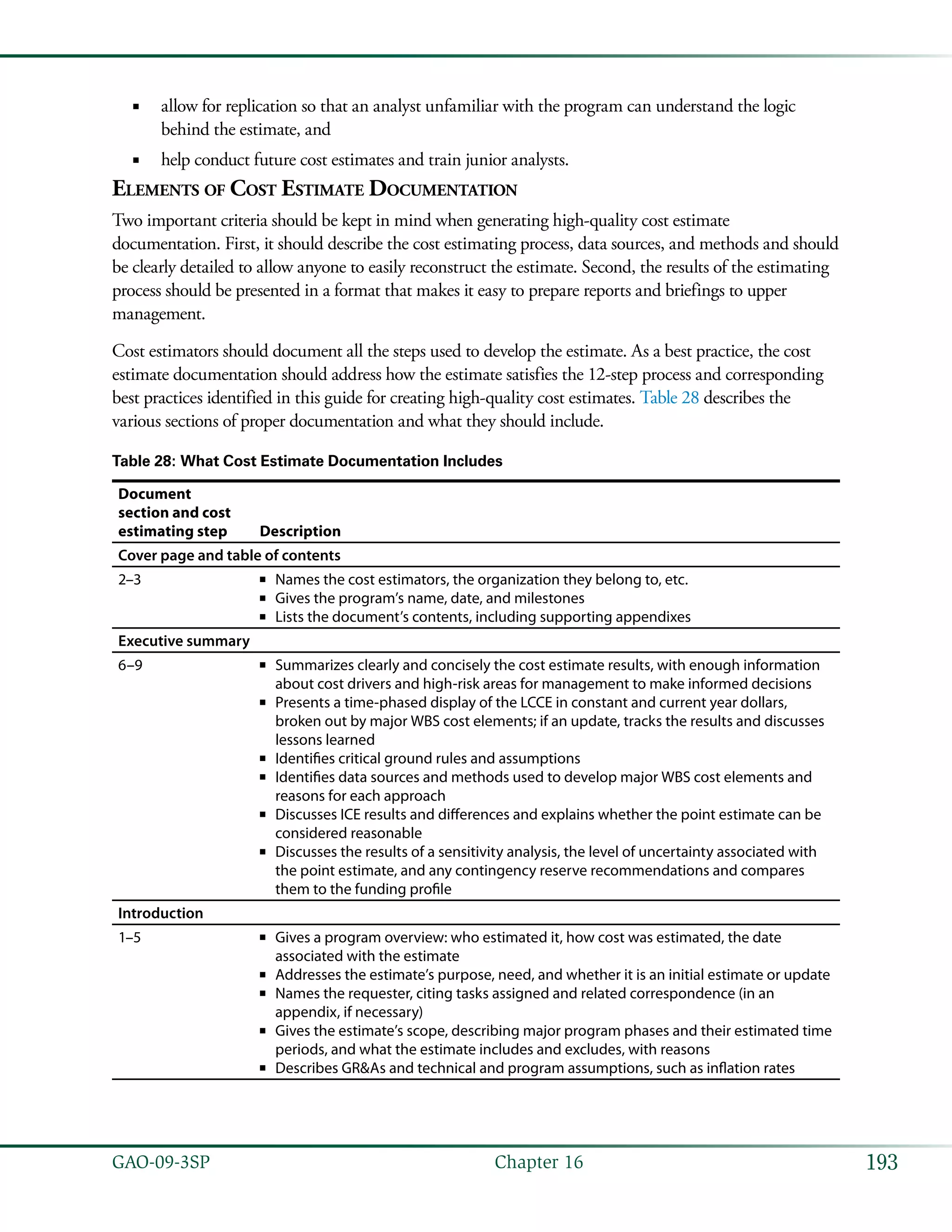 193GAO-09-3SP  Chapter 16
allow for replication so that an analyst unfamiliar with the program can understand the logic■■
behind the estimate, and
help conduct future cost estimates and train junior analysts.■■
Elements of Cost Estimate Documentation
Two important criteria should be kept in mind when generating high-quality cost estimate
documentation. First, it should describe the cost estimating process, data sources, and methods and should
be clearly detailed to allow anyone to easily reconstruct the estimate. Second, the results of the estimating
process should be presented in a format that makes it easy to prepare reports and briefings to upper
management.
Cost estimators should document all the steps used to develop the estimate. As a best practice, the cost
estimate documentation should address how the estimate satisfies the 12-step process and corresponding
best practices identified in this guide for creating high-quality cost estimates. Table 28 describes the
various sections of proper documentation and what they should include.
Table 28: What Cost Estimate Documentation Includes
Document
section and cost
estimating step Description
Cover page and table of contents
2–3 Names the cost estimators, the organization they belong to, etc.■■
Gives the program’s name, date, and milestones■■
Lists the document’s contents, including supporting appendixes■■
Executive summary
6–9 Summarizes clearly and concisely the cost estimate results, with enough information■■
about cost drivers and high-risk areas for management to make informed decisions
Presents a time-phased display of the LCCE in constant and current year dollars,■■
broken out by major WBS cost elements; if an update, tracks the results and discusses
lessons learned
Identifies critical ground rules and assumptions■■
Identifies data sources and methods used to develop major WBS cost elements and■■
reasons for each approach
Discusses ICE results and differences and explains whether the point estimate can be■■
considered reasonable
Discusses the results of a sensitivity analysis, the level of uncertainty associated with■■
the point estimate, and any contingency reserve recommendations and compares
them to the funding profile
Introduction
1–5 Gives a program overview: who estimated it, how cost was estimated, the date■■
associated with the estimate
Addresses the estimate’s purpose, need, and whether it is an initial estimate or update■■
Names the requester, citing tasks assigned and related correspondence (in an■■
appendix, if necessary)
Gives the estimate’s scope, describing major program phases and their estimated time■■
periods, and what the estimate includes and excludes, with reasons
Describes GR&As and technical and program assumptions, such as inflation rates■■
 