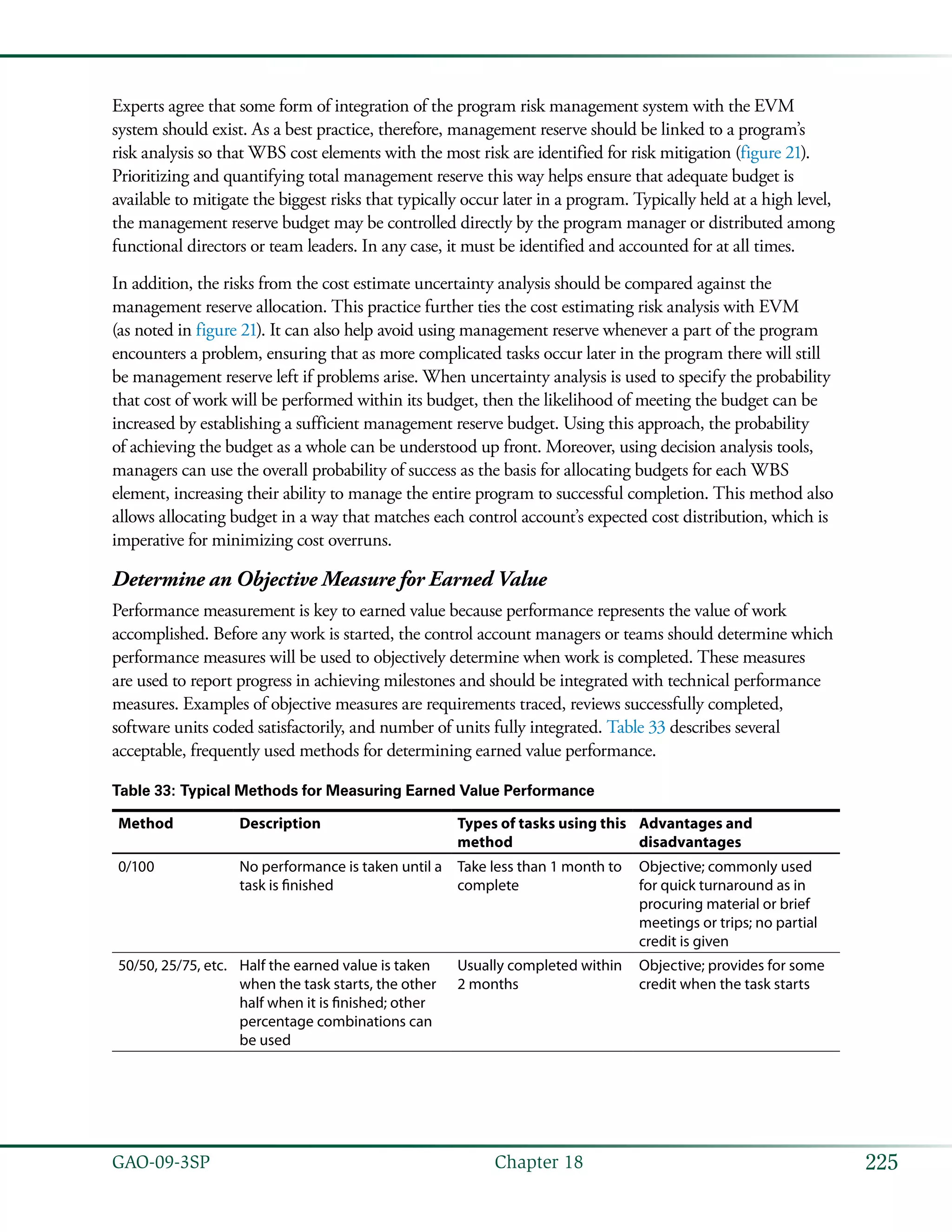 225GAO-09-3SP  Chapter 18
Experts agree that some form of integration of the program risk management system with the EVM
system should exist. As a best practice, therefore, management reserve should be linked to a program’s
risk analysis so that WBS cost elements with the most risk are identified for risk mitigation (figure 21).
Prioritizing and quantifying total management reserve this way helps ensure that adequate budget is
available to mitigate the biggest risks that typically occur later in a program. Typically held at a high level,
the management reserve budget may be controlled directly by the program manager or distributed among
functional directors or team leaders. In any case, it must be identified and accounted for at all times.
In addition, the risks from the cost estimate uncertainty analysis should be compared against the
management reserve allocation. This practice further ties the cost estimating risk analysis with EVM
(as noted in figure 21). It can also help avoid using management reserve whenever a part of the program
encounters a problem, ensuring that as more complicated tasks occur later in the program there will still
be management reserve left if problems arise. When uncertainty analysis is used to specify the probability
that cost of work will be performed within its budget, then the likelihood of meeting the budget can be
increased by establishing a sufficient management reserve budget. Using this approach, the probability
of achieving the budget as a whole can be understood up front. Moreover, using decision analysis tools,
managers can use the overall probability of success as the basis for allocating budgets for each WBS
element, increasing their ability to manage the entire program to successful completion. This method also
allows allocating budget in a way that matches each control account’s expected cost distribution, which is
imperative for minimizing cost overruns.
Determine an Objective Measure for Earned Value
Performance measurement is key to earned value because performance represents the value of work
accomplished. Before any work is started, the control account managers or teams should determine which
performance measures will be used to objectively determine when work is completed. These measures
are used to report progress in achieving milestones and should be integrated with technical performance
measures. Examples of objective measures are requirements traced, reviews successfully completed,
software units coded satisfactorily, and number of units fully integrated. Table 33 describes several
acceptable, frequently used methods for determining earned value performance.
Table 33: Typical Methods for Measuring Earned Value Performance
Method Description Types of tasks using this
method
Advantages and
disadvantages
0/100 No performance is taken until a
task is finished
Take less than 1 month to
complete
Objective; commonly used
for quick turnaround as in
procuring material or brief
meetings or trips; no partial
credit is given
50/50, 25/75, etc. Half the earned value is taken
when the task starts, the other
half when it is finished; other
percentage combinations can
be used
Usually completed within
2 months
Objective; provides for some
credit when the task starts
 