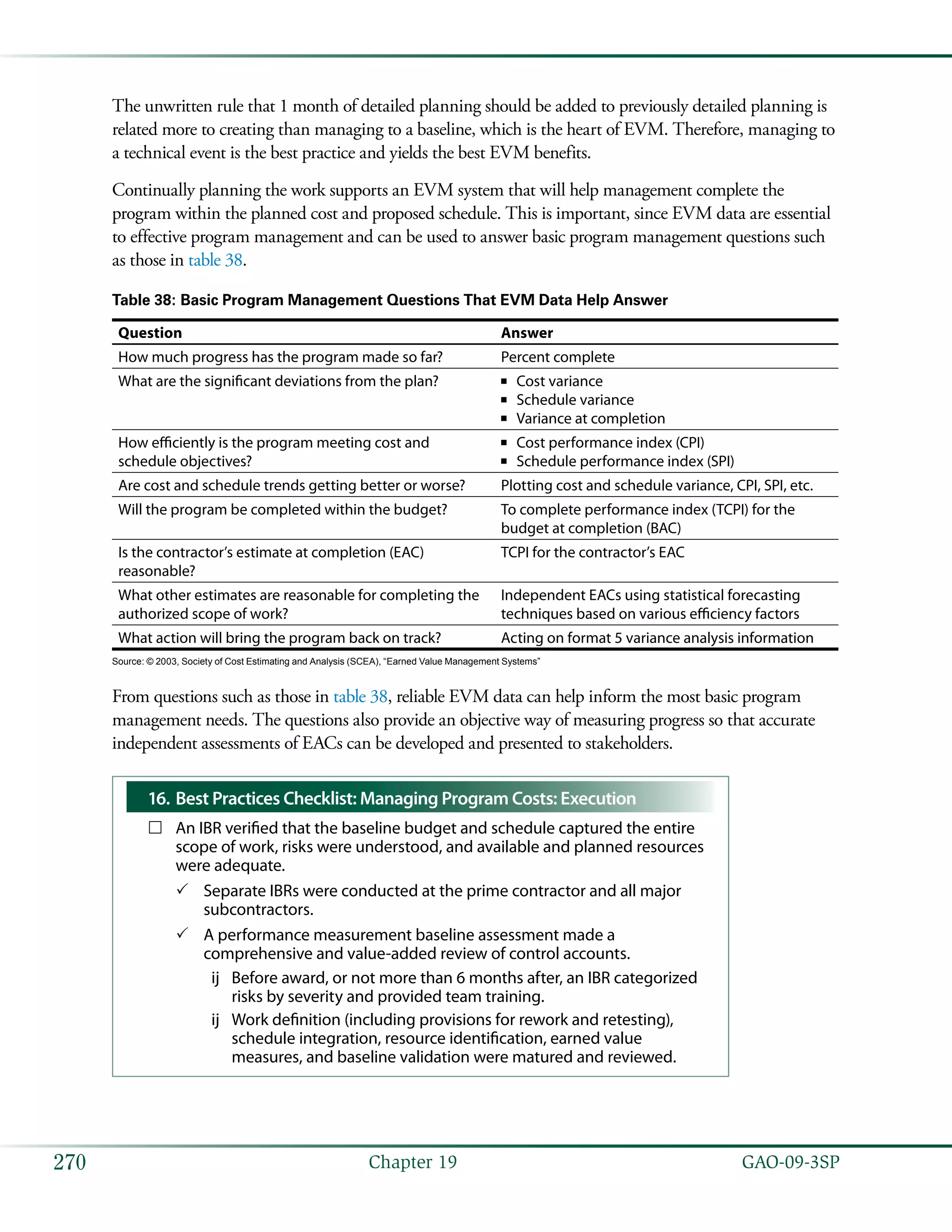   GAO-09-3SP270 Chapter 19
The unwritten rule that 1 month of detailed planning should be added to previously detailed planning is
related more to creating than managing to a baseline, which is the heart of EVM. Therefore, managing to
a technical event is the best practice and yields the best EVM benefits.
Continually planning the work supports an EVM system that will help management complete the
program within the planned cost and proposed schedule. This is important, since EVM data are essential
to effective program management and can be used to answer basic program management questions such
as those in table 38.
Table 38: Basic Program Management Questions That EVM Data Help Answer
Question Answer
How much progress has the program made so far? Percent complete
What are the significant deviations from the plan? Cost variance■■
Schedule variance■■
Variance at completion■■
How efficiently is the program meeting cost and
schedule objectives?
Cost performance index (CPI)■■
Schedule performance index (SPI)■■
Are cost and schedule trends getting better or worse? Plotting cost and schedule variance, CPI, SPI, etc.
Will the program be completed within the budget? To complete performance index (TCPI) for the
budget at completion (BAC)
Is the contractor’s estimate at completion (EAC)
reasonable?
TCPI for the contractor’s EAC
What other estimates are reasonable for completing the
authorized scope of work?
Independent EACs using statistical forecasting
techniques based on various efficiency factors
What action will bring the program back on track? Acting on format 5 variance analysis information
Source: © 2003, Society of Cost Estimating and Analysis (SCEA), “Earned Value Management Systems”
From questions such as those in table 38, reliable EVM data can help inform the most basic program
management needs. The questions also provide an objective way of measuring progress so that accurate
independent assessments of EACs can be developed and presented to stakeholders.
Best Practices Checklist: Managing Program Costs: Execution16.	
An IBR verified that the baseline budget and schedule captured the entire……
scope of work, risks were understood, and available and planned resources
were adequate.
Separate IBRs were conducted at the prime contractor and all major33
subcontractors.
A performance measurement baseline assessment made a33
comprehensive and value-added review of control accounts.
Before award, or not more than 6 months after, an IBR categorizedùù
risks by severity and provided team training.
Work definition (including provisions for rework and retesting),ùù
schedule integration, resource identification, earned value
measures, and baseline validation were matured and reviewed.
 