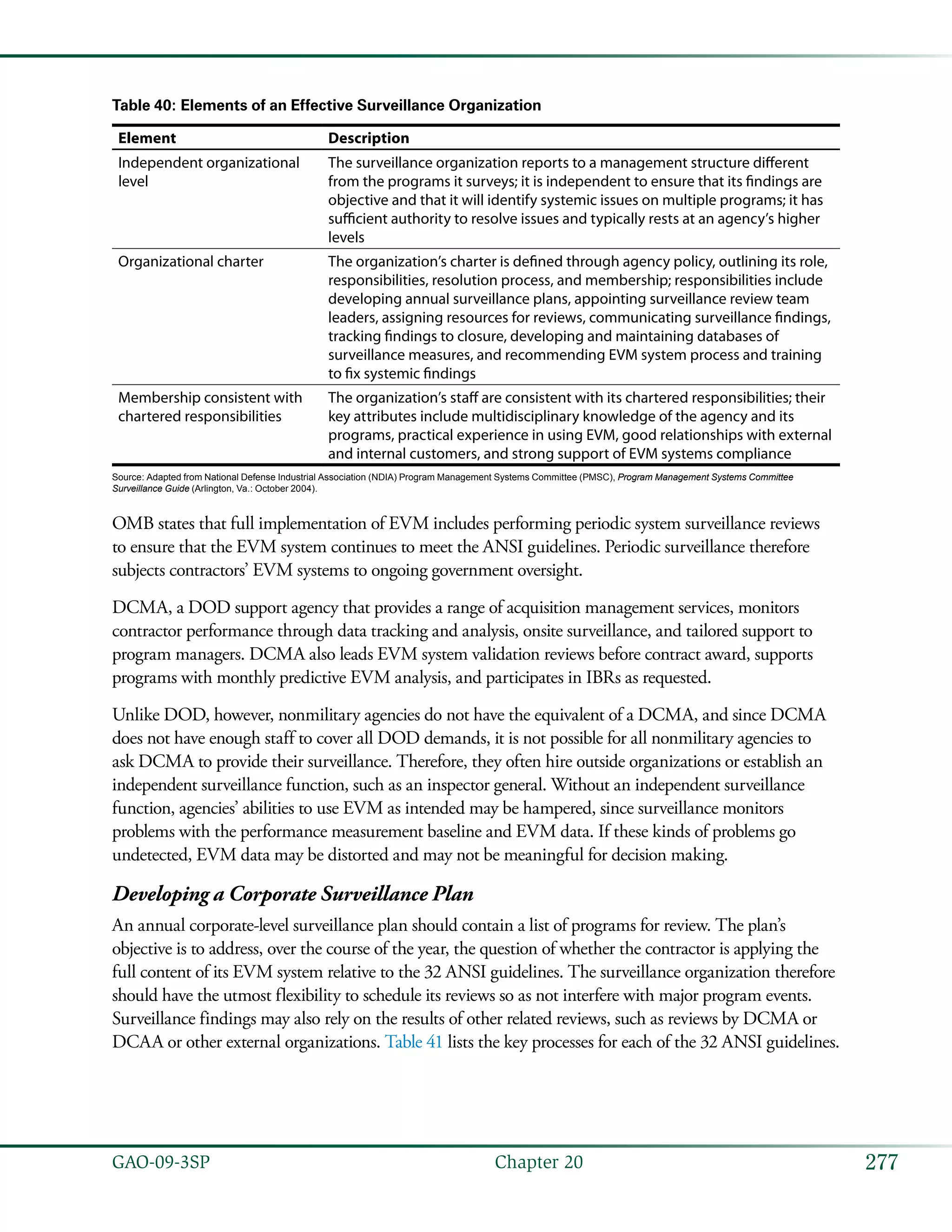 277GAO-09-3SP  Chapter 20
Table 40: Elements of an Effective Surveillance Organization
Element Description
Independent organizational
level
The surveillance organization reports to a management structure different
from the programs it surveys; it is independent to ensure that its findings are
objective and that it will identify systemic issues on multiple programs; it has
sufficient authority to resolve issues and typically rests at an agency’s higher
levels
Organizational charter The organization’s charter is defined through agency policy, outlining its role,
responsibilities, resolution process, and membership; responsibilities include
developing annual surveillance plans, appointing surveillance review team
leaders, assigning resources for reviews, communicating surveillance findings,
tracking findings to closure, developing and maintaining databases of
surveillance measures, and recommending EVM system process and training
to fix systemic findings
Membership consistent with
chartered responsibilities
The organization’s staff are consistent with its chartered responsibilities; their
key attributes include multidisciplinary knowledge of the agency and its
programs, practical experience in using EVM, good relationships with external
and internal customers, and strong support of EVM systems compliance
Source: Adapted from National Defense Industrial Association (NDIA) Program Management Systems Committee (PMSC), Program Management Systems Committee
Surveillance Guide (Arlington, Va.: October 2004).
OMB states that full implementation of EVM includes performing periodic system surveillance reviews
to ensure that the EVM system continues to meet the ANSI guidelines. Periodic surveillance therefore
subjects contractors’ EVM systems to ongoing government oversight.
DCMA, a DOD support agency that provides a range of acquisition management services, monitors
contractor performance through data tracking and analysis, onsite surveillance, and tailored support to
program managers. DCMA also leads EVM system validation reviews before contract award, supports
programs with monthly predictive EVM analysis, and participates in IBRs as requested.
Unlike DOD, however, nonmilitary agencies do not have the equivalent of a DCMA, and since DCMA
does not have enough staff to cover all DOD demands, it is not possible for all nonmilitary agencies to
ask DCMA to provide their surveillance. Therefore, they often hire outside organizations or establish an
independent surveillance function, such as an inspector general. Without an independent surveillance
function, agencies’ abilities to use EVM as intended may be hampered, since surveillance monitors
problems with the performance measurement baseline and EVM data. If these kinds of problems go
undetected, EVM data may be distorted and may not be meaningful for decision making.
Developing a Corporate Surveillance Plan
An annual corporate-level surveillance plan should contain a list of programs for review. The plan’s
objective is to address, over the course of the year, the question of whether the contractor is applying the
full content of its EVM system relative to the 32 ANSI guidelines. The surveillance organization therefore
should have the utmost flexibility to schedule its reviews so as not interfere with major program events.
Surveillance findings may also rely on the results of other related reviews, such as reviews by DCMA or
DCAA or other external organizations. Table 41 lists the key processes for each of the 32 ANSI guidelines.
 