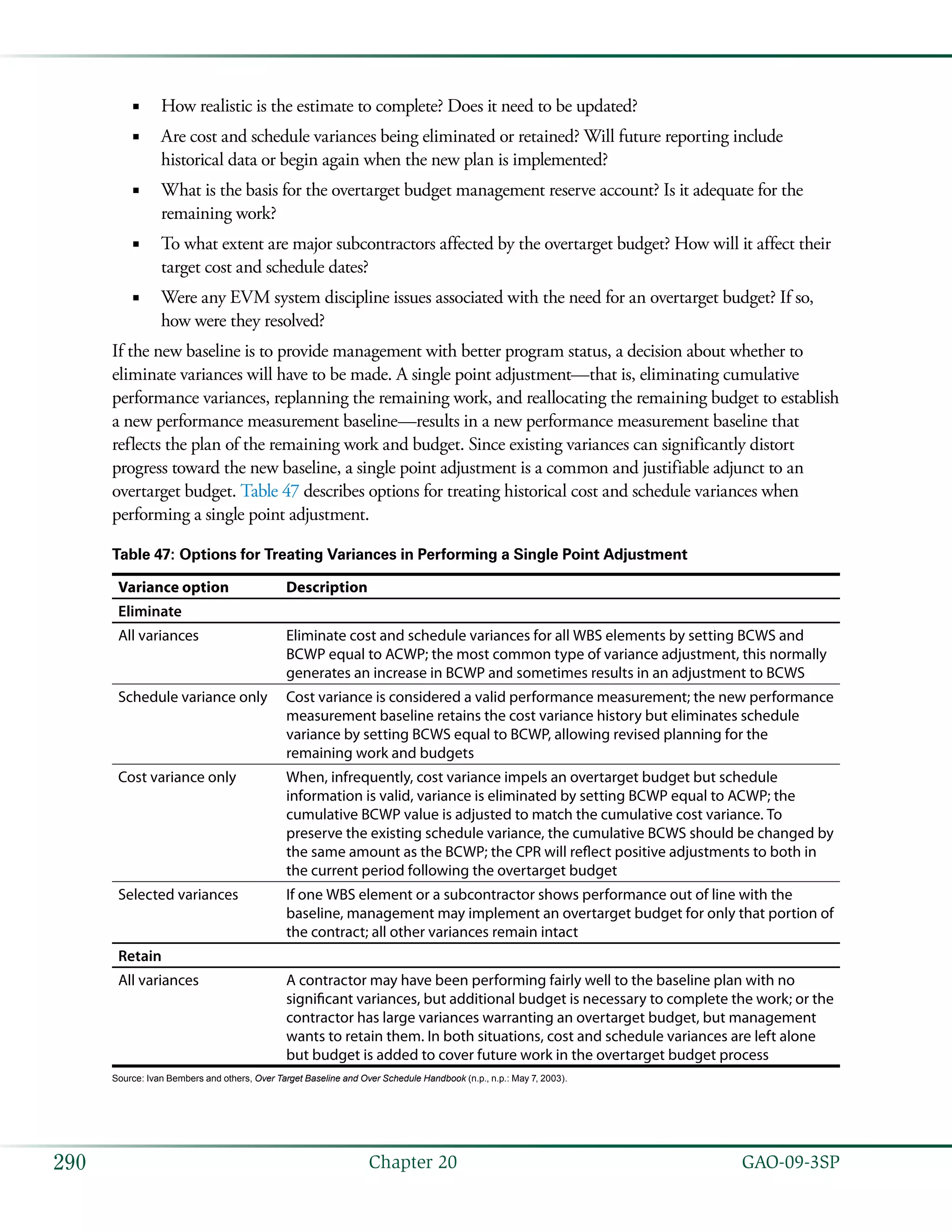   GAO-09-3SP290 Chapter 20
How realistic is the estimate to complete? Does it need to be updated?■■
Are cost and schedule variances being eliminated or retained? Will future reporting include■■
historical data or begin again when the new plan is implemented?
What is the basis for the overtarget budget management reserve account? Is it adequate for the■■
remaining work?
To what extent are major subcontractors affected by the overtarget budget? How will it affect their■■
target cost and schedule dates?
Were any EVM system discipline issues associated with the need for an overtarget budget? If so,■■
how were they resolved?
If the new baseline is to provide management with better program status, a decision about whether to
eliminate variances will have to be made. A single point adjustment—that is, eliminating cumulative
performance variances, replanning the remaining work, and reallocating the remaining budget to establish
a new performance measurement baseline—results in a new performance measurement baseline that
reflects the plan of the remaining work and budget. Since existing variances can significantly distort
progress toward the new baseline, a single point adjustment is a common and justifiable adjunct to an
overtarget budget. Table 47 describes options for treating historical cost and schedule variances when
performing a single point adjustment.
Table 47: Options for Treating Variances in Performing a Single Point Adjustment
Variance option Description
Eliminate
All variances Eliminate cost and schedule variances for all WBS elements by setting BCWS and
BCWP equal to ACWP; the most common type of variance adjustment, this normally
generates an increase in BCWP and sometimes results in an adjustment to BCWS
Schedule variance only Cost variance is considered a valid performance measurement; the new performance
measurement baseline retains the cost variance history but eliminates schedule
variance by setting BCWS equal to BCWP, allowing revised planning for the
remaining work and budgets
Cost variance only When, infrequently, cost variance impels an overtarget budget but schedule
information is valid, variance is eliminated by setting BCWP equal to ACWP; the
cumulative BCWP value is adjusted to match the cumulative cost variance. To
preserve the existing schedule variance, the cumulative BCWS should be changed by
the same amount as the BCWP; the CPR will reflect positive adjustments to both in
the current period following the overtarget budget
Selected variances If one WBS element or a subcontractor shows performance out of line with the
baseline, management may implement an overtarget budget for only that portion of
the contract; all other variances remain intact
Retain
All variances A contractor may have been performing fairly well to the baseline plan with no
significant variances, but additional budget is necessary to complete the work; or the
contractor has large variances warranting an overtarget budget, but management
wants to retain them. In both situations, cost and schedule variances are left alone
but budget is added to cover future work in the overtarget budget process
Source: Ivan Bembers and others, Over Target Baseline and Over Schedule Handbook (n.p., n.p.: May 7, 2003).
 