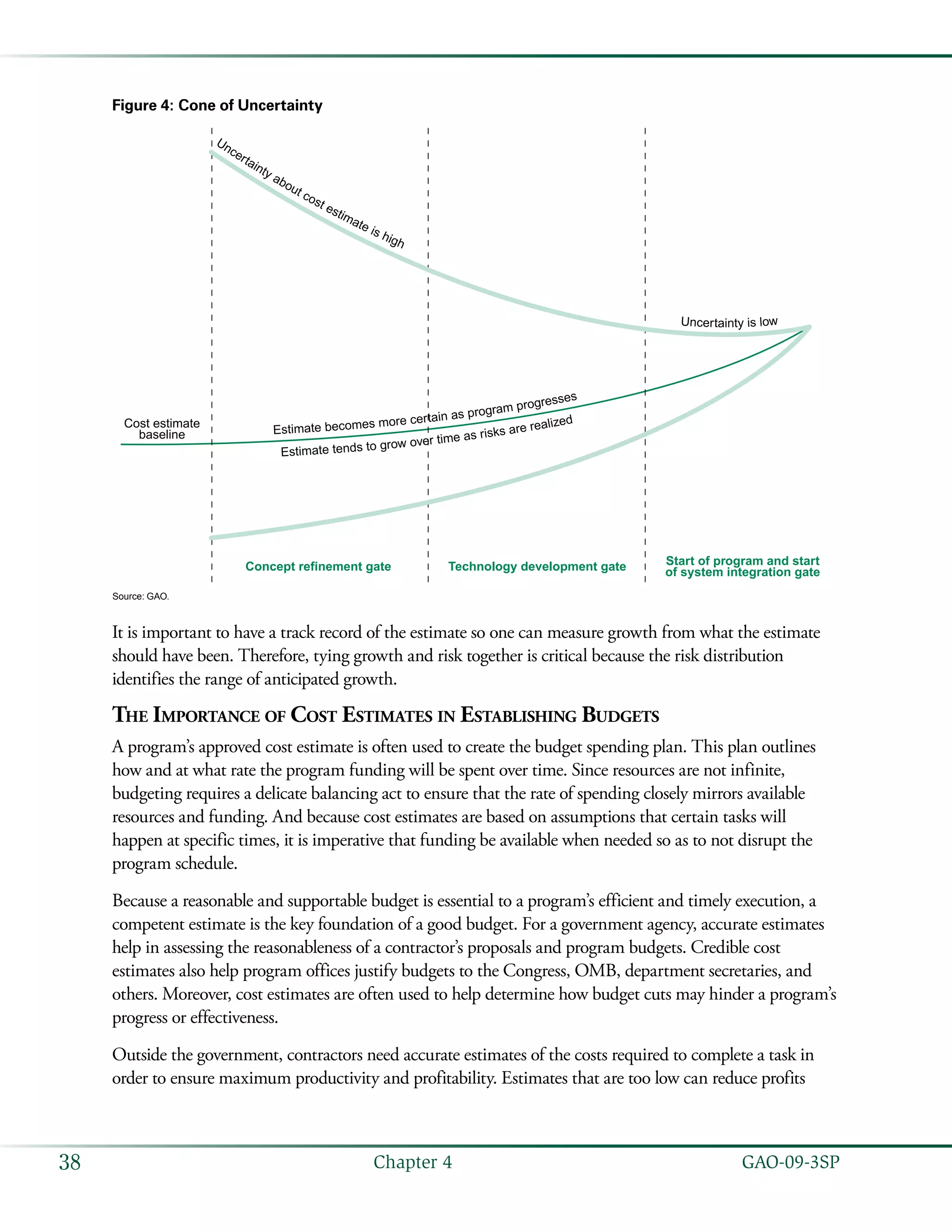   GAO-09-3SP38 Chapter 4
Figure 4: Cone of Uncertainty
Estimate becomes more certain as program progresses
Estimate tends to grow over time as risks are realized
Concept refinement gate
Cost estimate
baseline
Technology development gate Start of program and start
of system integration gate
Uncertainty about cost estimate is high
Uncertainty is low
Source: GAO.
It is important to have a track record of the estimate so one can measure growth from what the estimate
should have been. Therefore, tying growth and risk together is critical because the risk distribution
identifies the range of anticipated growth.
The Importance of Cost Estimates in Establishing Budgets
A program’s approved cost estimate is often used to create the budget spending plan. This plan outlines
how and at what rate the program funding will be spent over time. Since resources are not infinite,
budgeting requires a delicate balancing act to ensure that the rate of spending closely mirrors available
resources and funding. And because cost estimates are based on assumptions that certain tasks will
happen at specific times, it is imperative that funding be available when needed so as to not disrupt the
program schedule.
Because a reasonable and supportable budget is essential to a program’s efficient and timely execution, a
competent estimate is the key foundation of a good budget. For a government agency, accurate estimates
help in assessing the reasonableness of a contractor’s proposals and program budgets. Credible cost
estimates also help program offices justify budgets to the Congress, OMB, department secretaries, and
others. Moreover, cost estimates are often used to help determine how budget cuts may hinder a program’s
progress or effectiveness.
Outside the government, contractors need accurate estimates of the costs required to complete a task in
order to ensure maximum productivity and profitability. Estimates that are too low can reduce profits
 