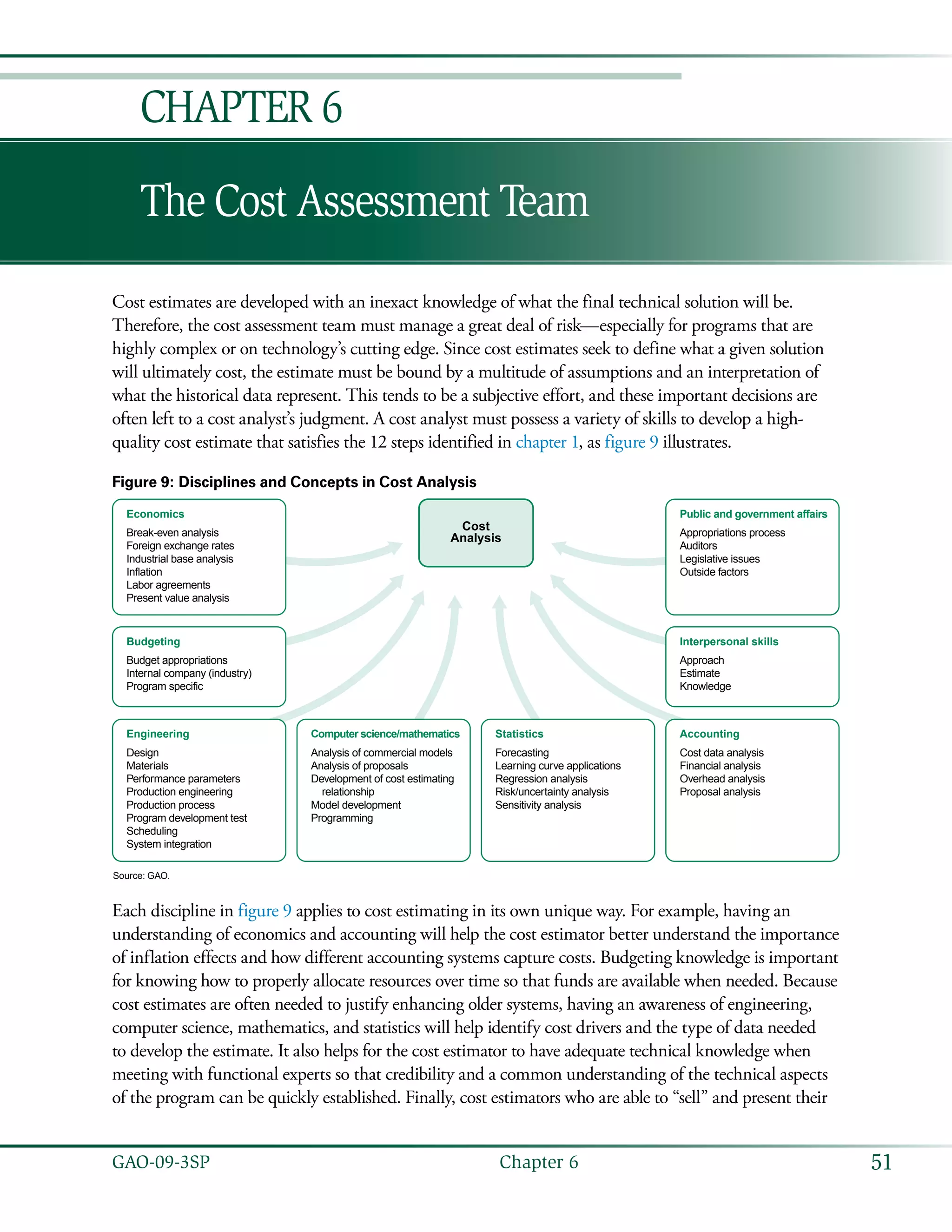 51GAO-09-3SP  Chapter 6
The Cost Assessment Team
Chapter 6
Cost estimates are developed with an inexact knowledge of what the final technical solution will be.
Therefore, the cost assessment team must manage a great deal of risk—especially for programs that are
highly complex or on technology’s cutting edge. Since cost estimates seek to define what a given solution
will ultimately cost, the estimate must be bound by a multitude of assumptions and an interpretation of
what the historical data represent. This tends to be a subjective effort, and these important decisions are
often left to a cost analyst’s judgment. A cost analyst must possess a variety of skills to develop a high-
quality cost estimate that satisfies the 12 steps identified in chapter 1, as figure 9 illustrates.
Figure 9: Disciplines and Concepts in Cost Analysis
Cost
Analysis
Engineering
Design
Materials
Performance parameters
Production engineering
Production process
Program development test
Scheduling
System integration
Computer science/mathematics
Analysis of commercial models
Analysis of proposals
Development of cost estimating
relationship
Model development
Programming
Statistics
Forecasting
Learning curve applications
Regression analysis
Risk/uncertainty analysis
Sensitivity analysis
Accounting
Cost data analysis
Financial analysis
Overhead analysis
Proposal analysis
Economics
Break-even analysis
Foreign exchange rates
Industrial base analysis
Inflation
Labor agreements
Present value analysis
Public and government affairs
Appropriations process
Auditors
Legislative issues
Outside factors
Budgeting
Budget appropriations
Internal company (industry)
Program specific
Interpersonal skills
Approach
Estimate
Knowledge
Source: GAO.
Each discipline in figure 9 applies to cost estimating in its own unique way. For example, having an
understanding of economics and accounting will help the cost estimator better understand the importance
of inflation effects and how different accounting systems capture costs. Budgeting knowledge is important
for knowing how to properly allocate resources over time so that funds are available when needed. Because
cost estimates are often needed to justify enhancing older systems, having an awareness of engineering,
computer science, mathematics, and statistics will help identify cost drivers and the type of data needed
to develop the estimate. It also helps for the cost estimator to have adequate technical knowledge when
meeting with functional experts so that credibility and a common understanding of the technical aspects
of the program can be quickly established. Finally, cost estimators who are able to “sell” and present their
 