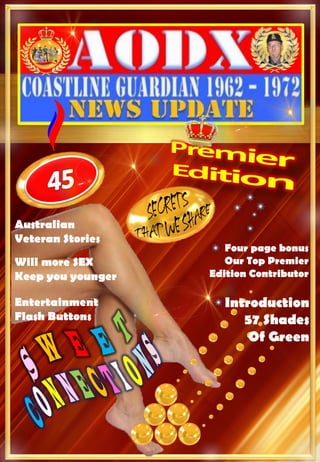 Four page bonus
Our Top Premier
Edition Contributor
Introduction
57 Shades
Of Green
Australian
Veteran Stories
Will more SEX
Keep you younger
Entertainment
Flash Buttons
 