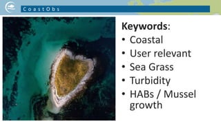 Keywords:
• Coastal
• User relevant
• Sea Grass
• Turbidity
• HABs / Mussel
growth
C o a s t O b s
NICE PICTURE ON YOUR PROJECT TOPIC
 