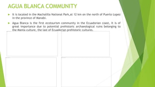 AGUA BLANCA COMMUNITY
 It is located in the Machalilla National Park,at 12 km on the north of Puerto Lopez
in the province of Manabi.
 Agua Blanca is the first ecotourism community in the Ecuadorian coast, It is of
great importance due to potential prehistoric archaeological ruins belonging to
the Manta culture, the last of Ecuadorian prehistoric cultures.
 