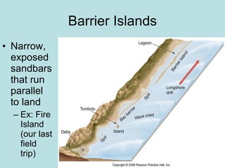 Barrier Islands Narrow, exposed sandbars that run parallel to land Ex: Fire Island (our last field trip)
