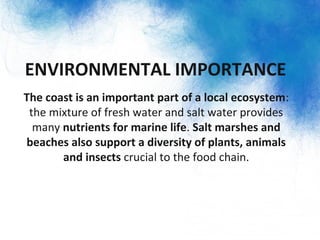 ENVIRONMENTAL IMPORTANCE
• The coast is an important part of a local ecosystem:
the mixture of fresh water and salt water provides
many nutrients for marine life. Salt marshes and
beaches also support a diversity of plants, animals
and insects crucial to the food chain.
 