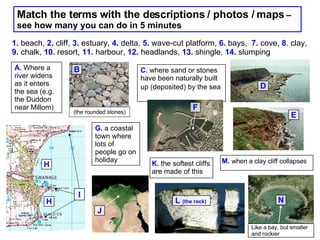 1.  beach,  2.  cliff,  3.  estuary,  4.  delta,  5.  wave-cut platform,  6.  bays,  7.  cove,  8 . clay,  9.  chalk,  10.  resort,  11.  harbour,  12.  headlands,  13.  shingle,  14.  slumping Match the terms with the descriptions / photos / maps  – see how many you can do in 5 minutes G.  a coastal town where lots of people go on holiday K.  the softest cliffs are made of this  C.  where sand or stones have been naturally built up (deposited) by the sea   A.  Where a river widens as it enters the sea (e.g. the Duddon near Millom) N  M.  when a clay cliff collapses B  F  J  L  (the rock)  Like a bay, but smaller and rockier E  (the rounded stones) H  H  I D  