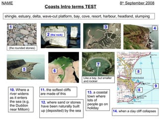 9 13.  a coastal town where lots of people go on holiday 11.  the softest cliffs are made of this  12.  where sand or stones have been naturally built up (deposited) by the sea   10.  Where a river widens as it enters the sea (e.g. the Duddon near Millom) 14.  when a clay cliff collapses shingle, estuary, delta, wave-cut platform, bay, cove, resort, harbour, headland, slumping 8 th  September 2008 Coasts Intro terms TEST NAME 6  7 Like a bay, but smaller and rockier 8 8  4  5  (the rounded stones) 1  3  2  (the rock)  