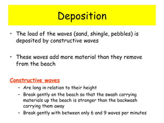 Deposition The load of the waves (sand, shingle, pebbles) is deposited by constructive waves These waves add more material than they remove from the beach Constructive waves Are long in relation to their height Break gently on the beach so that the swash carrying materials up the beach is stronger than the backwash carrying them away Break gently with between only 6 and 9 waves per minutes 